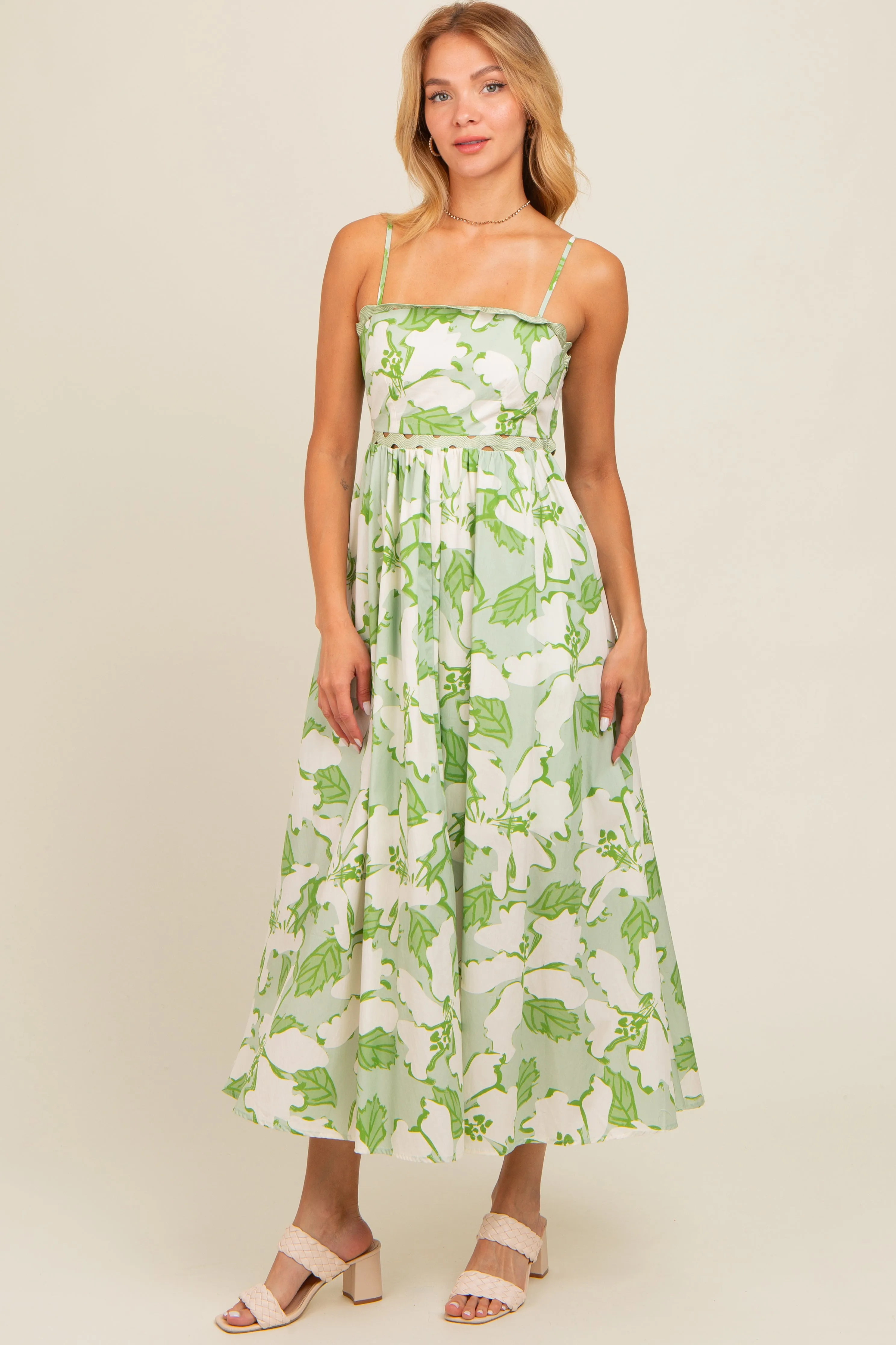 Green Floral Wave Trim Back Tie Midi Dress sold by Pinkblush product image thumbnail 5