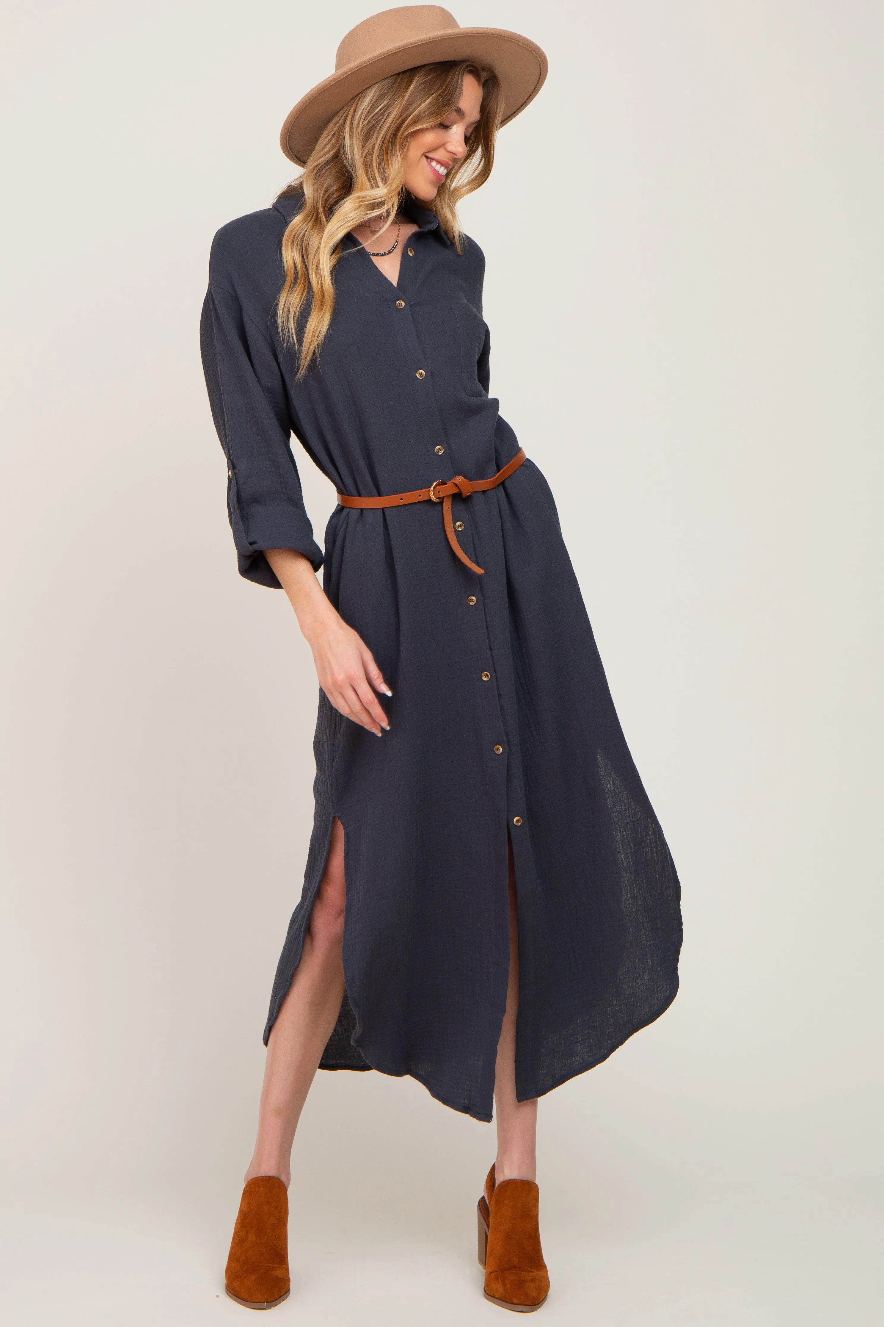 Charcoal Button Down 3/4 Sleeve Midi Dress sold by Pinkblush product image thumbnail 5