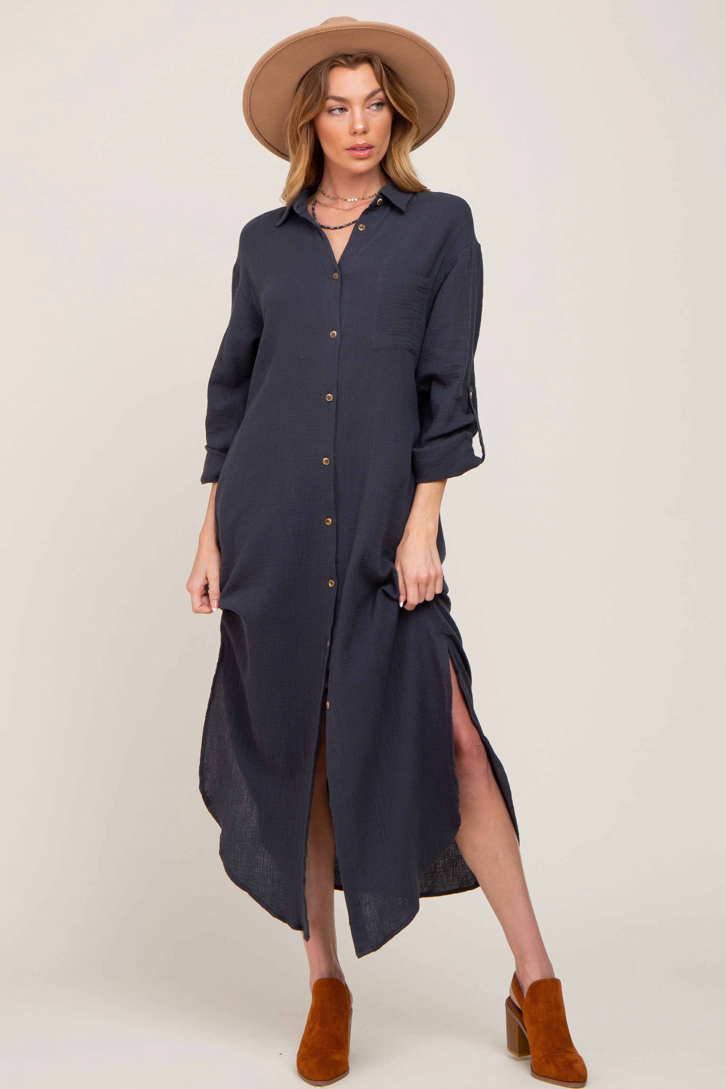 Charcoal Button Down 3/4 Sleeve Midi Dress sold by Pinkblush product image thumbnail 2