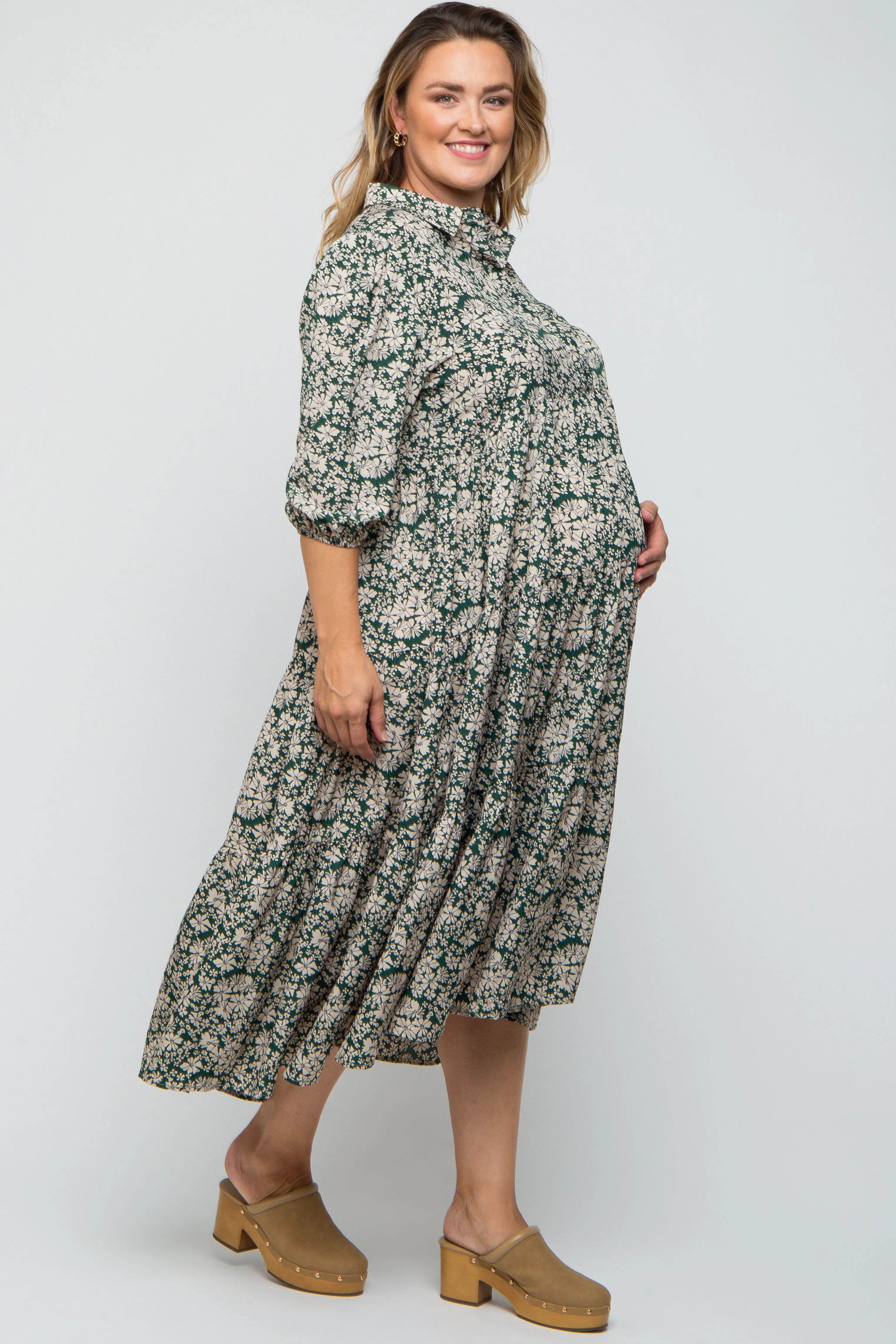 Green Floral Collared Tiered Plus Maternity Maxi Dress sold by Pinkblush product image thumbnail 2