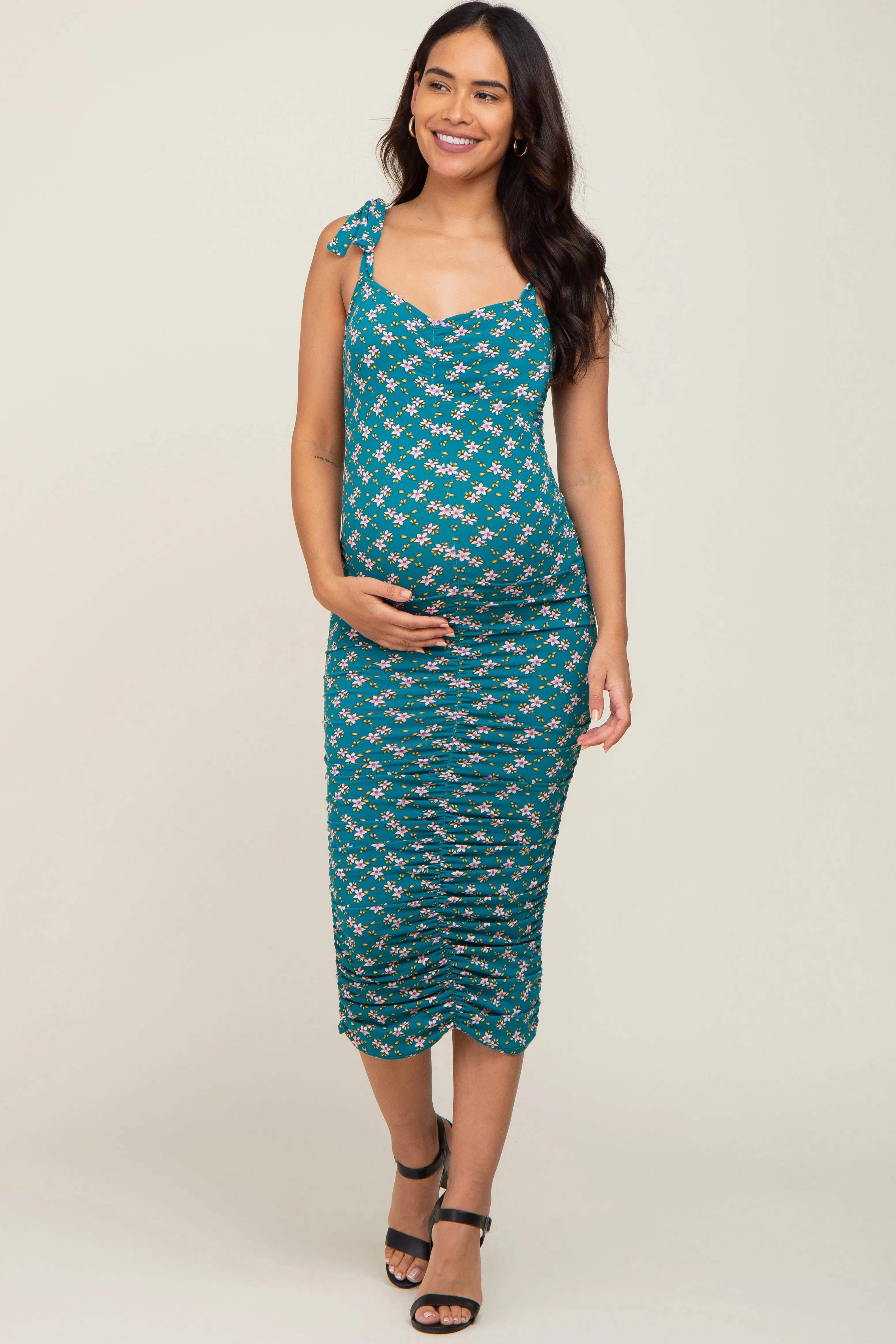 Teal Floral Ruched Shoulder Tie Maternity Dress sold by Pinkblush