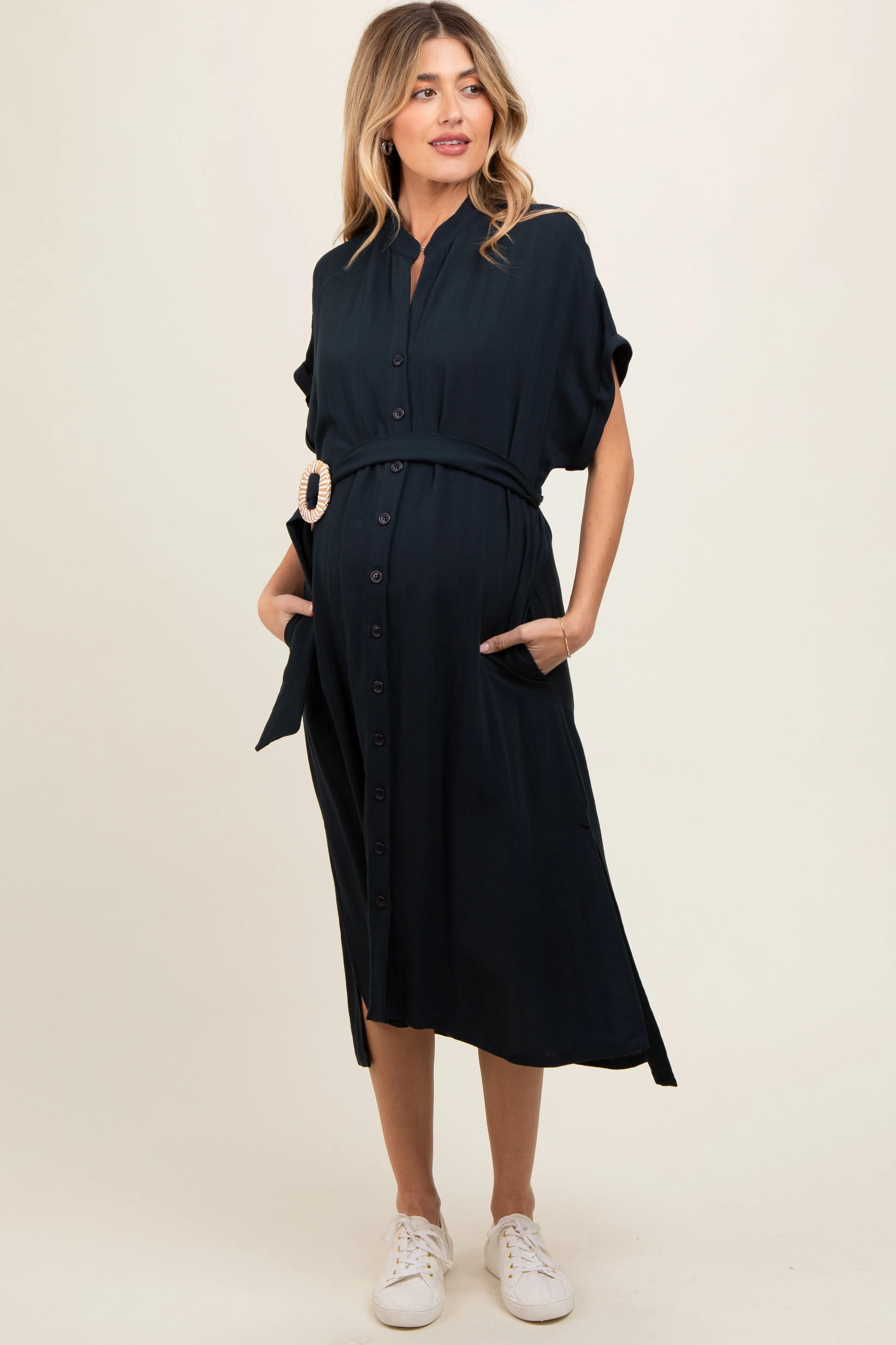 Black Button Down Belted Dolman Sleeve Maternity Midi Dress sold by Pinkblush product image thumbnail 2
