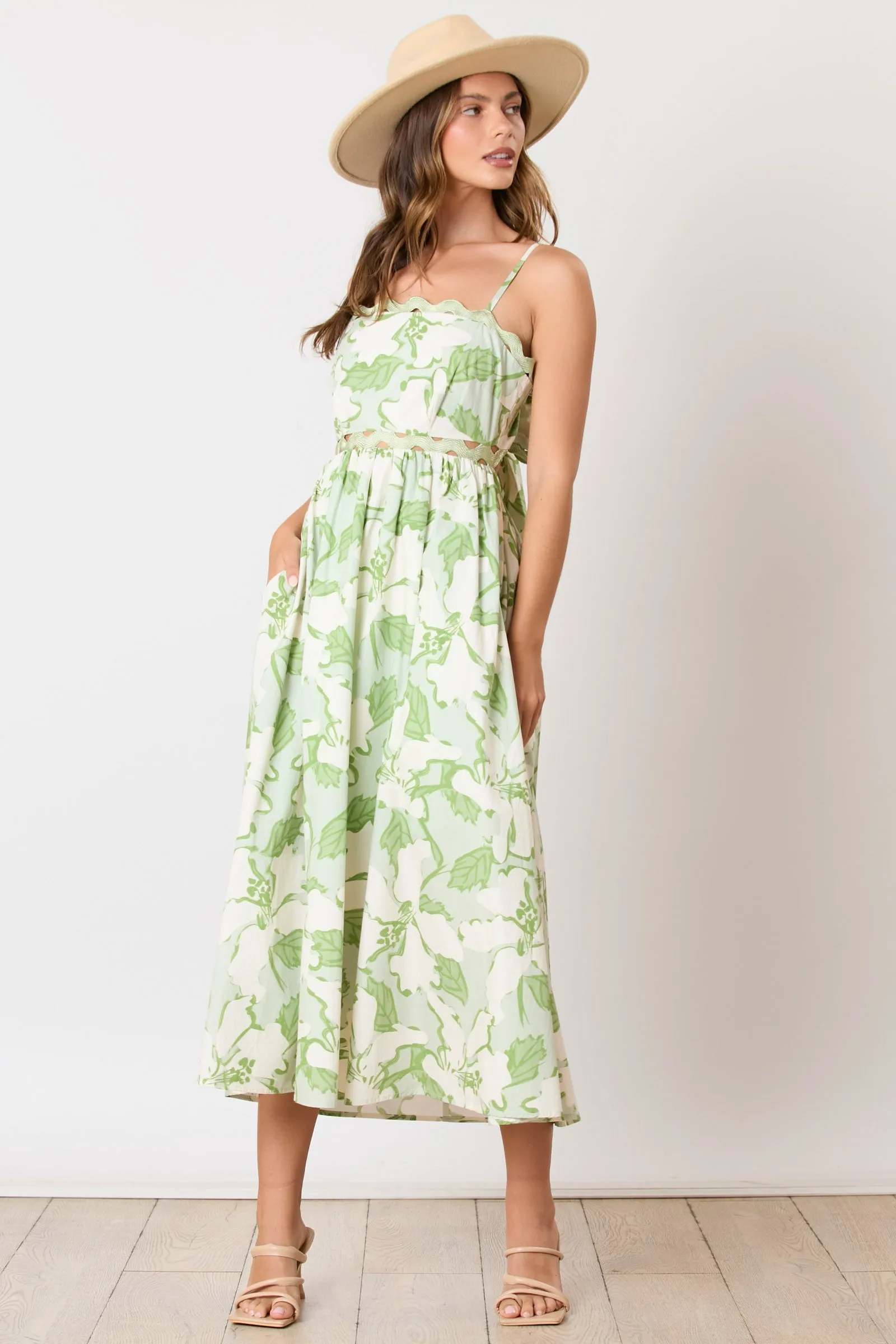 Green Floral Wave Trim Back Tie Midi Dress sold by Pinkblush