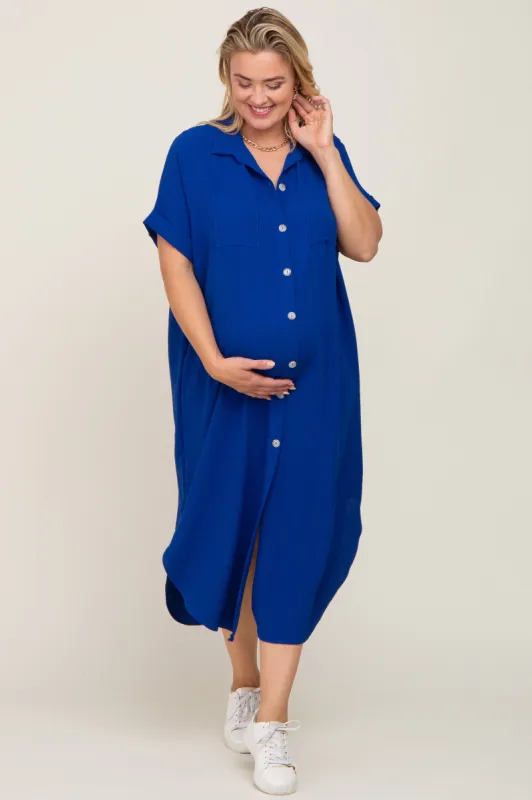 Royal Blue Button Down Hi Low Maternity Plus Maxi Dress sold by Pinkblush