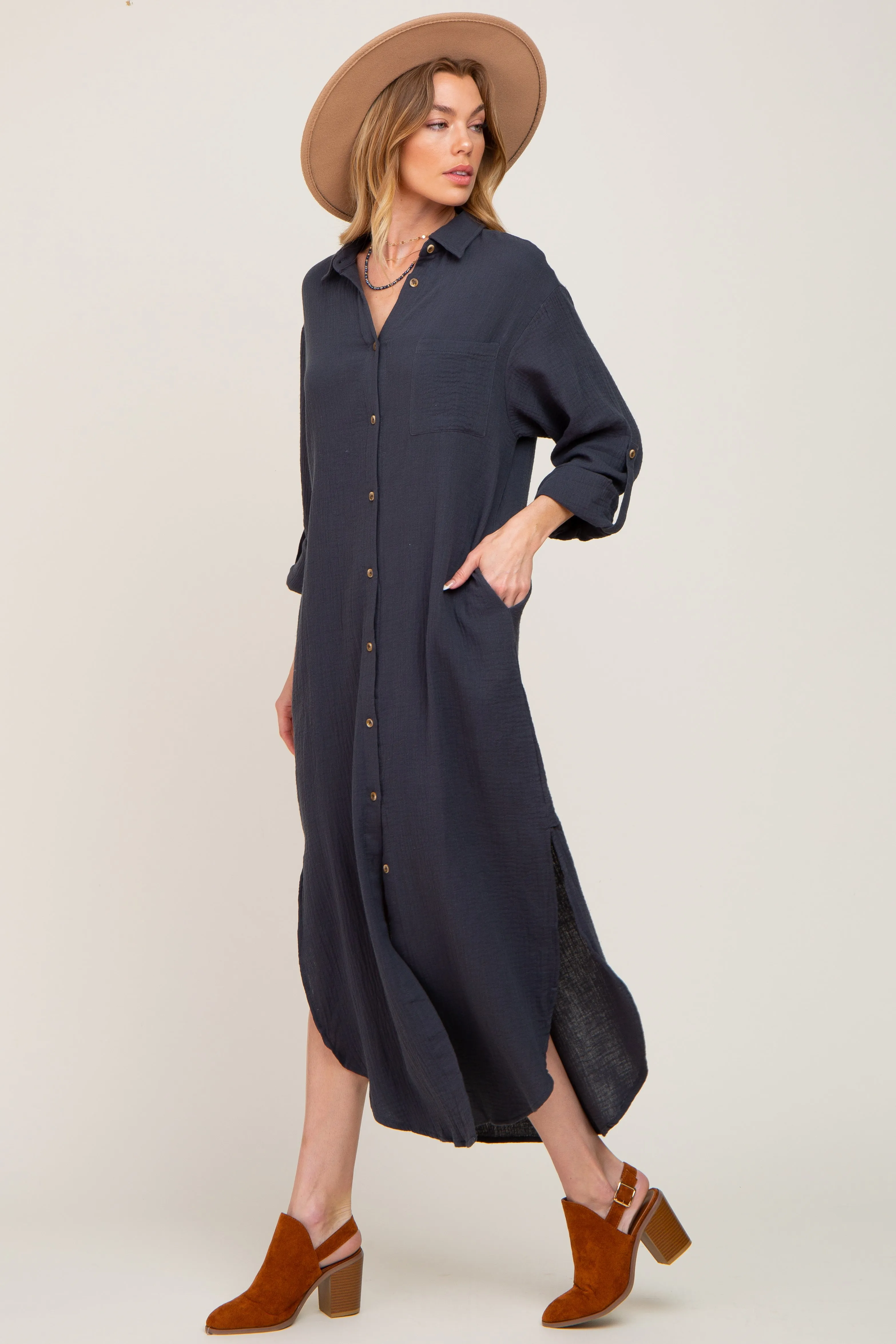 Charcoal Button Down 3/4 Sleeve Midi Dress sold by Pinkblush product image thumbnail 3