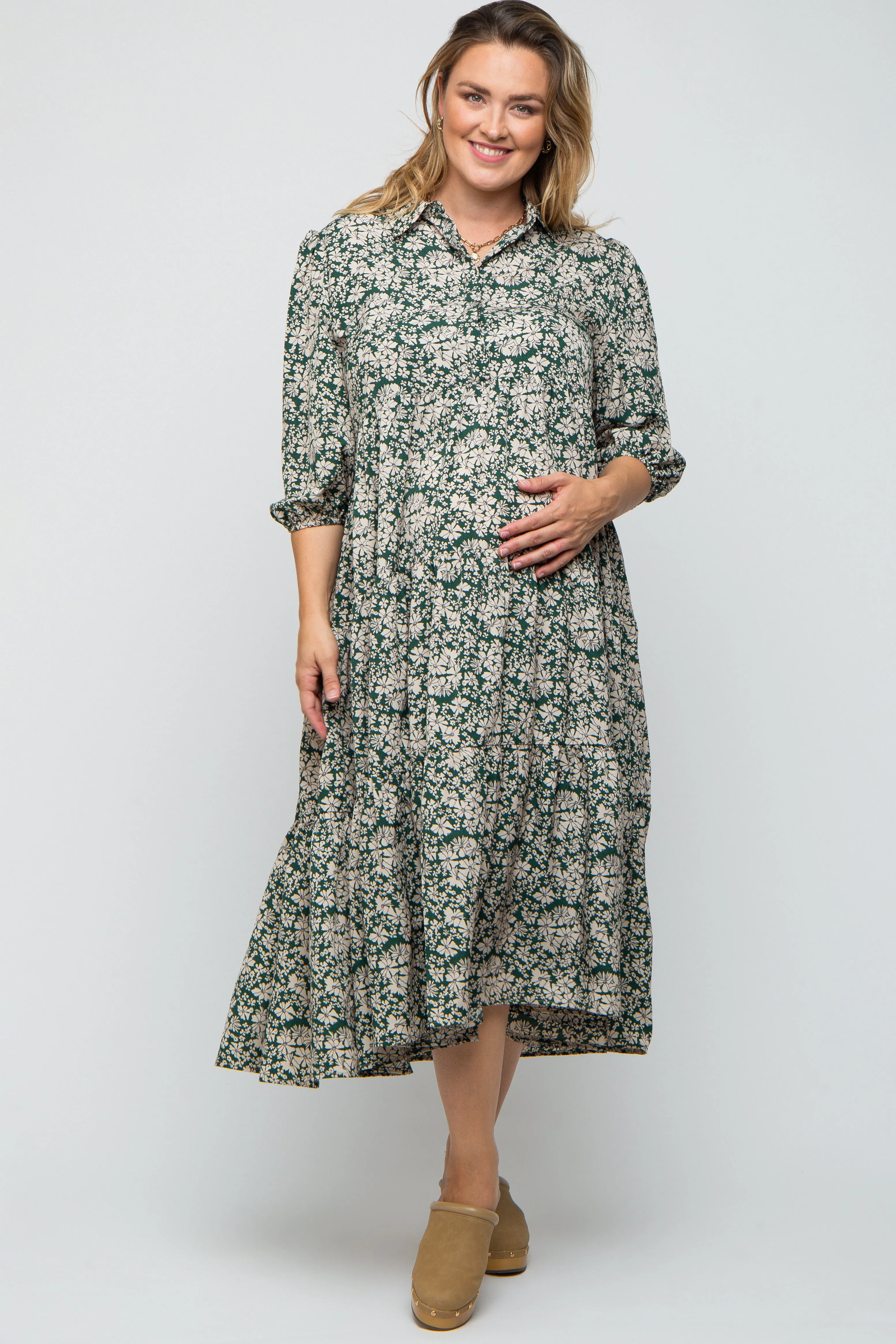 Green Floral Collared Tiered Plus Maternity Maxi Dress sold by Pinkblush