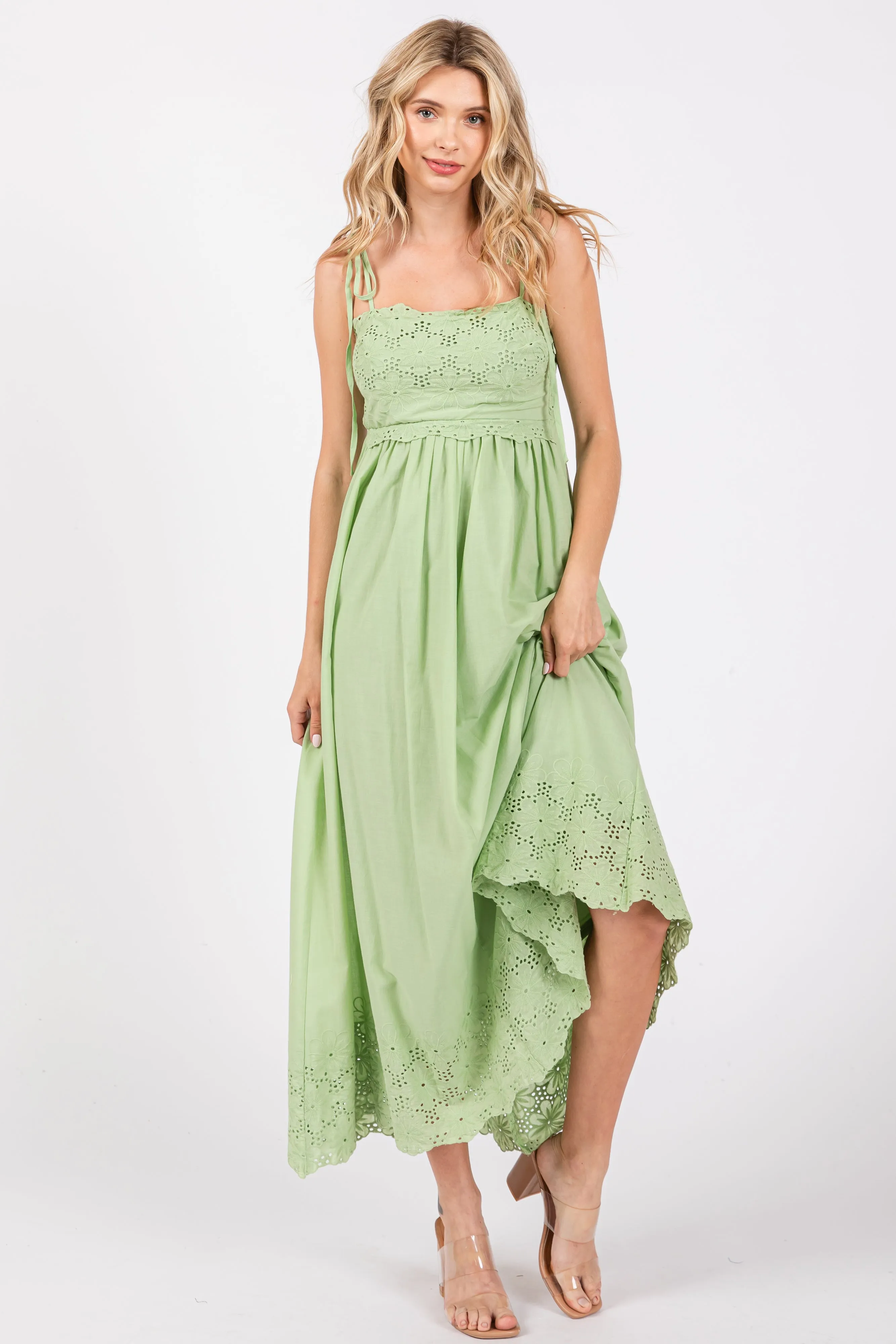 Mint Green Eyelet Floral Shoulder Tie Dress sold by Pinkblush product image thumbnail 4