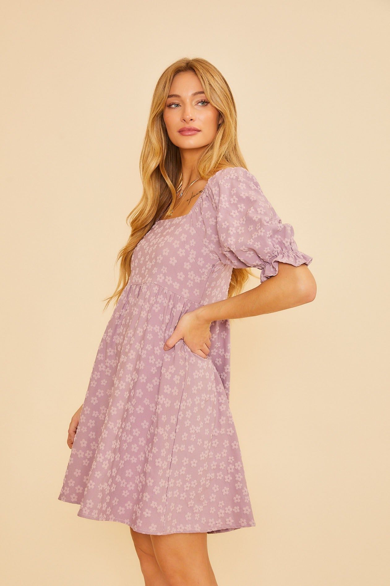 Lavender Floral Textured Square Neck Babydoll Dress sold by Pinkblush product image thumbnail 3