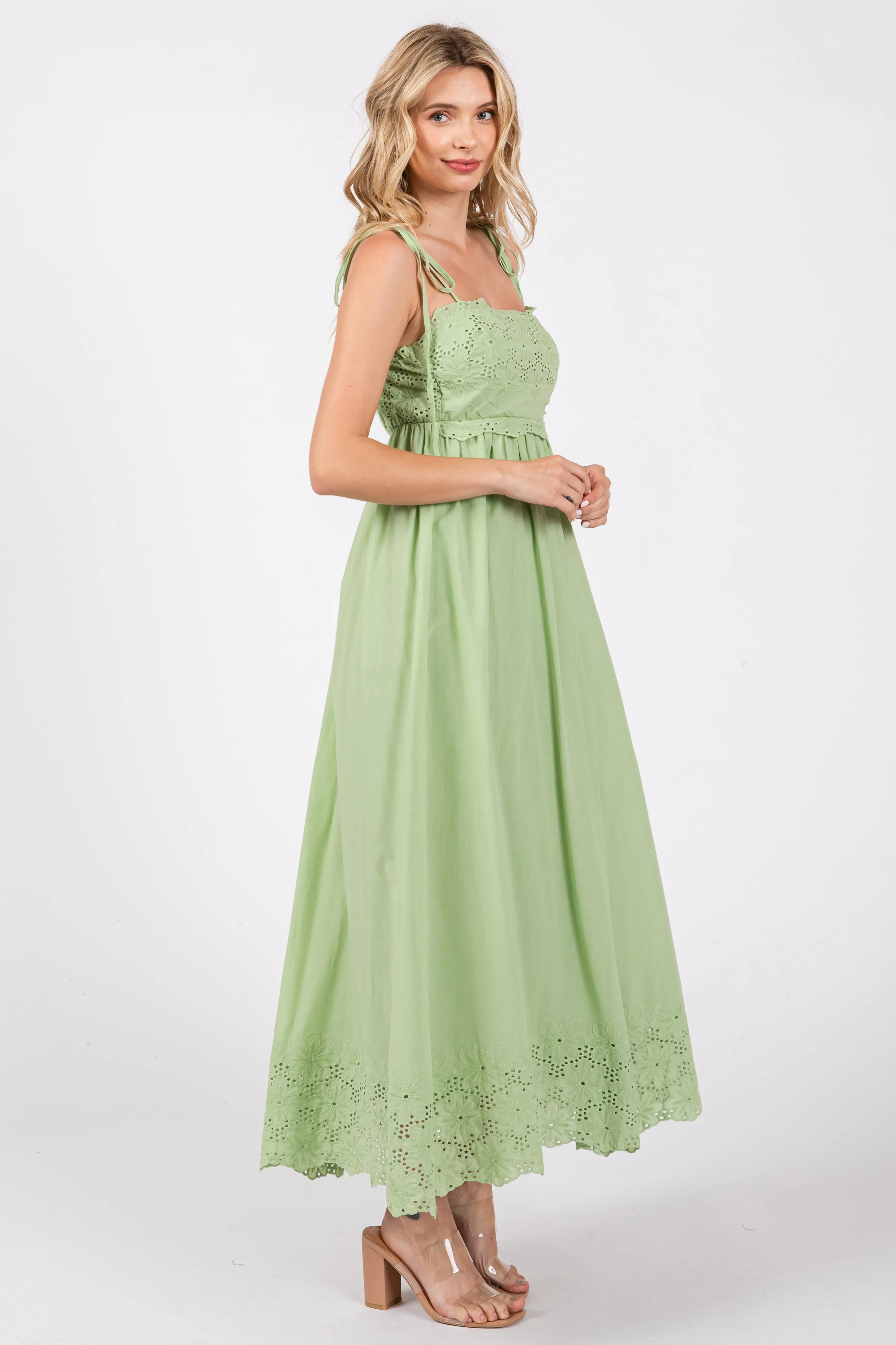 Mint Green Eyelet Floral Shoulder Tie Dress sold by Pinkblush product image thumbnail 2