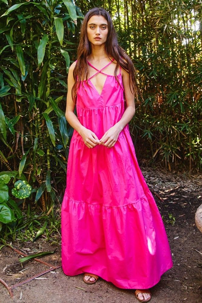 Fuchsia Strappy Tiered Poplin Maxi Dress sold by Pinkblush