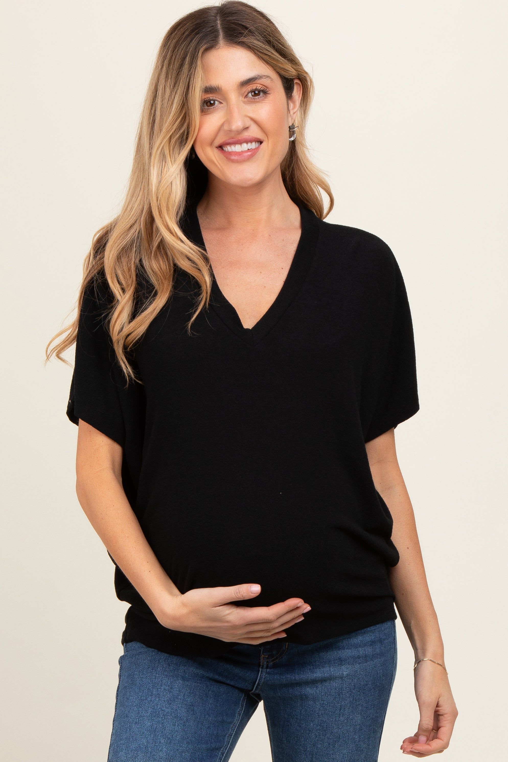 Black V-Neck Crepe Knit Maternity Top sold by Pinkblush