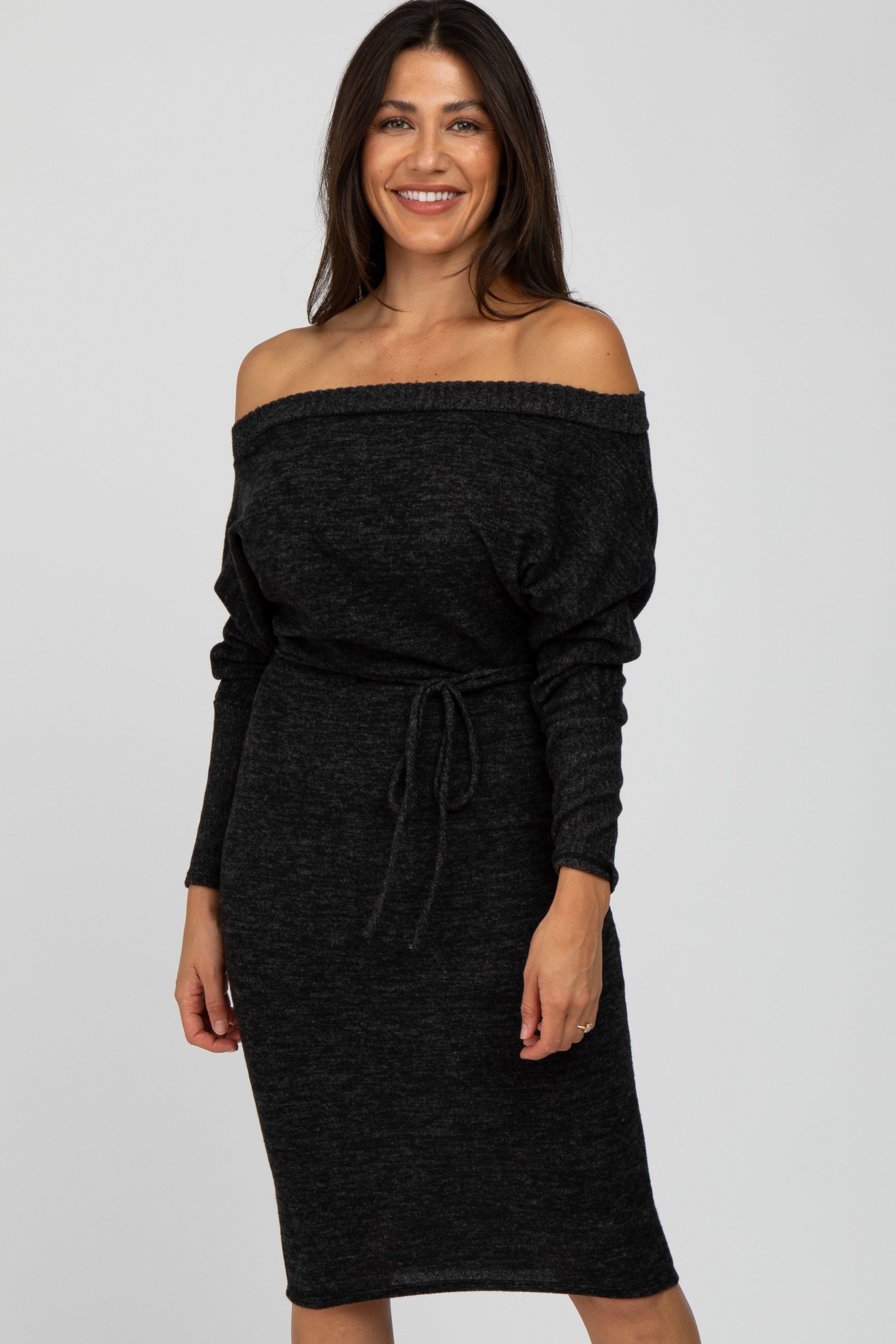 Black Brushed Knit Off Shoulder Dress sold by Pinkblush product image thumbnail 2