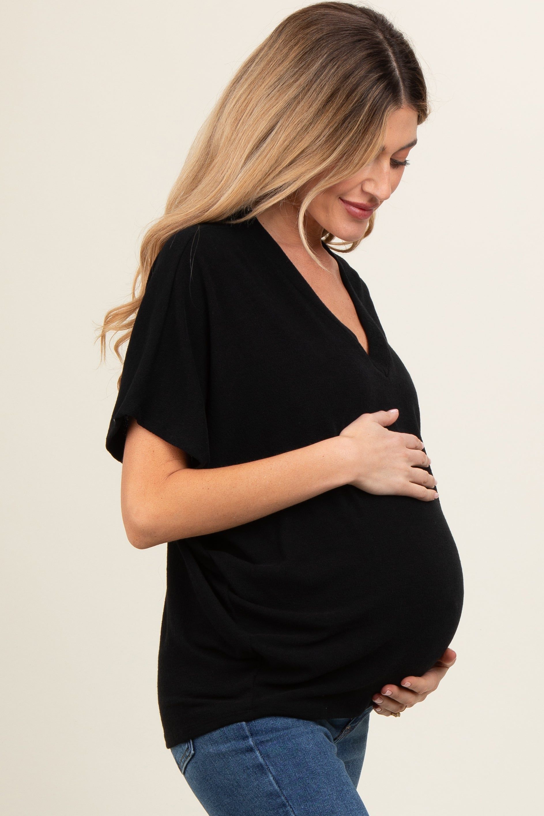 Black V-Neck Crepe Knit Maternity Top sold by Pinkblush product image thumbnail 3