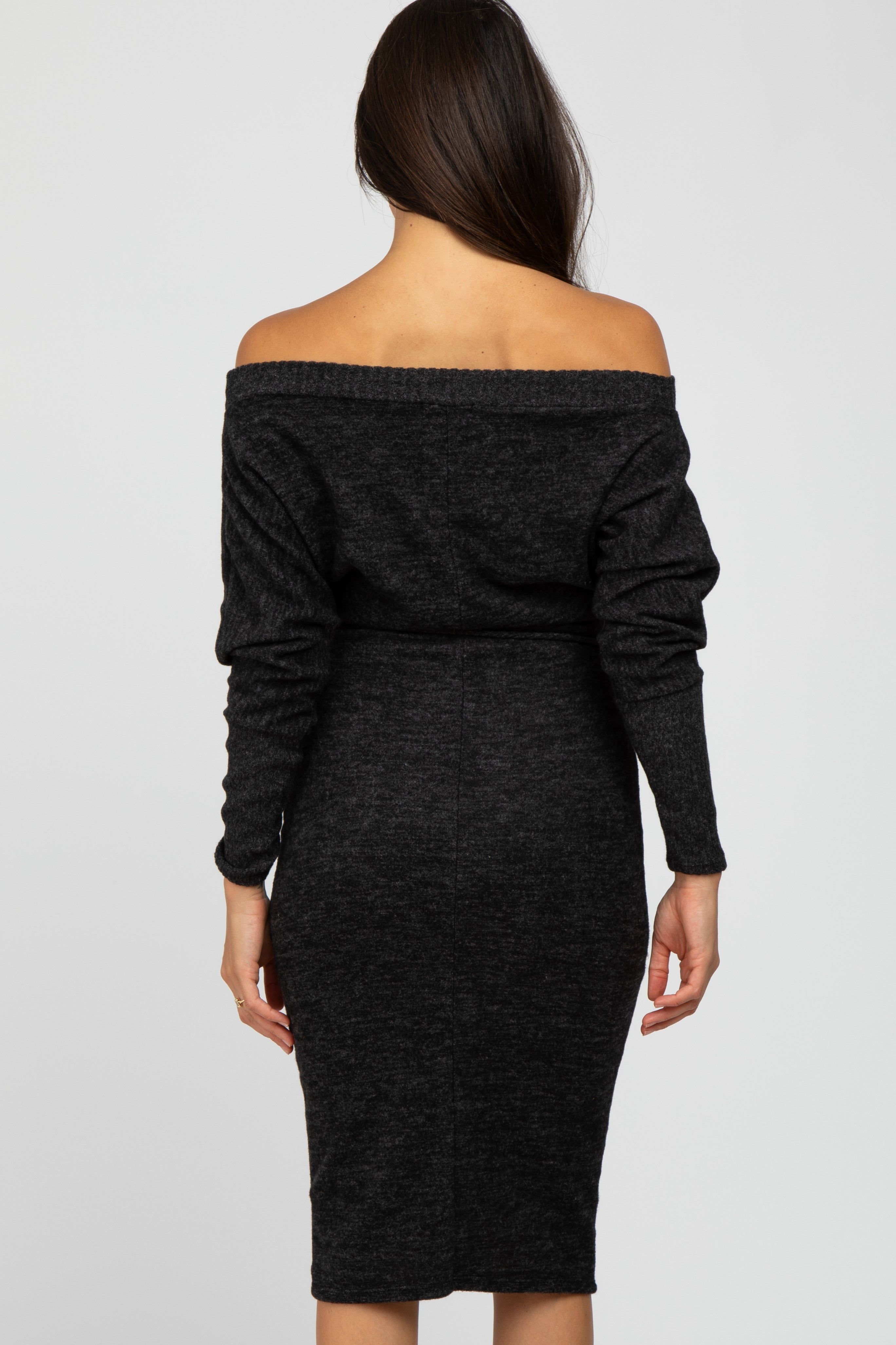 Black Brushed Knit Off Shoulder Dress sold by Pinkblush product image thumbnail 4