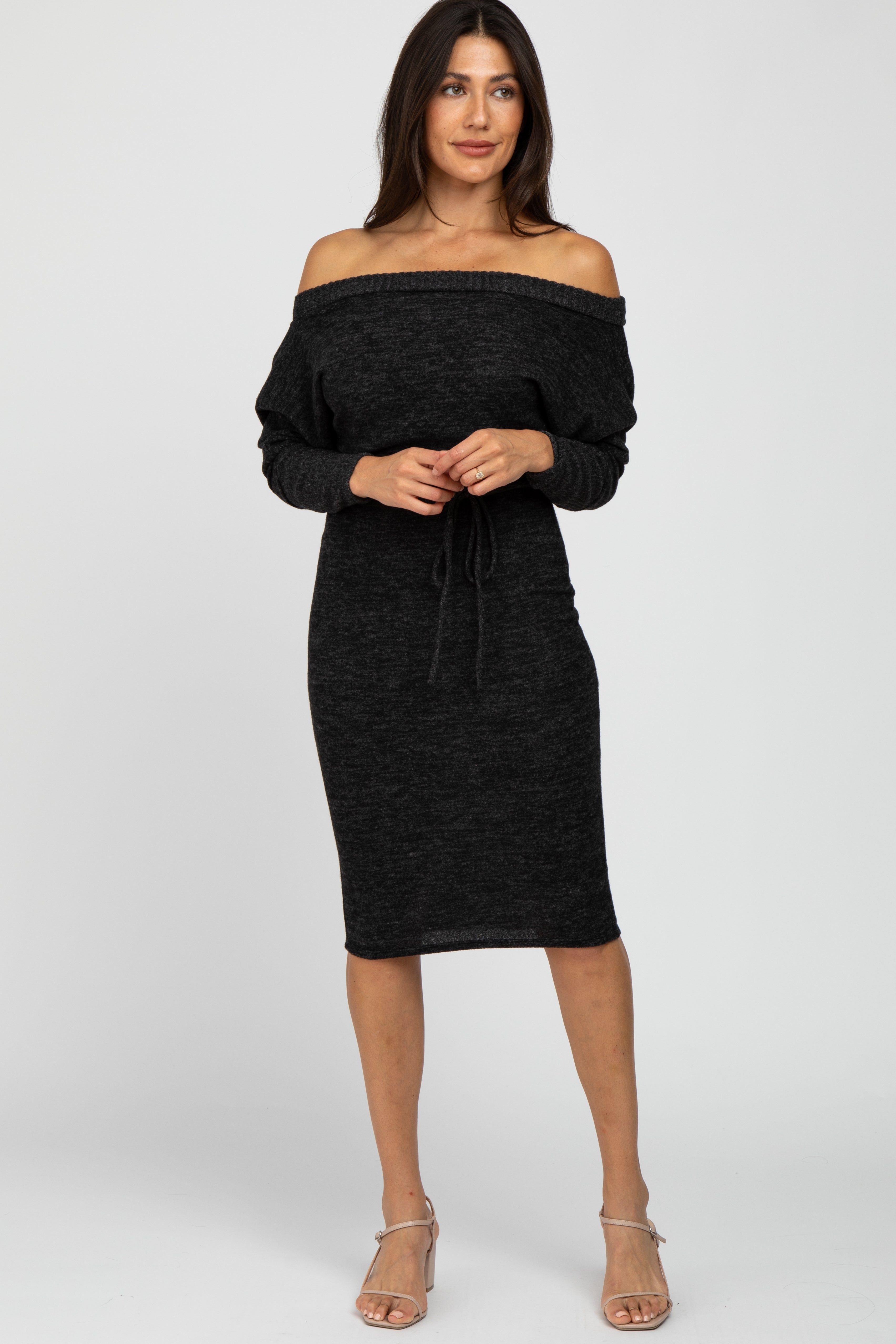 Black Brushed Knit Off Shoulder Dress sold by Pinkblush