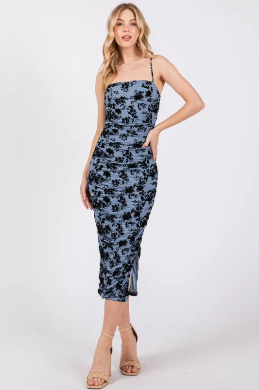 Blue Velvet Floral Ruched Mesh Midi Dress sold by Pinkblush