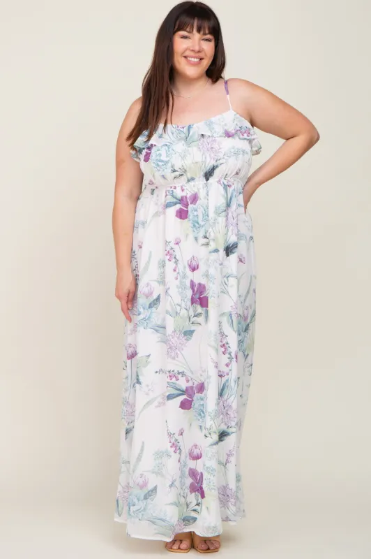 White Floral Sleeveless Ruffle Plus Maxi Dress sold by Pinkblush