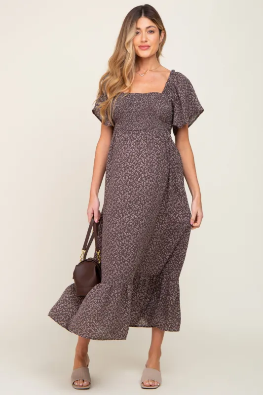 Charcoal Leaf Smocked Flounce Sleeve Maternity Maxi Dress sold by Pinkblush