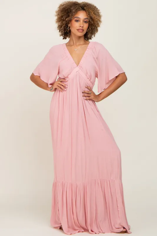 Light Pink V-Neck Flounce Sleeve Maxi Dress sold by Pinkblush