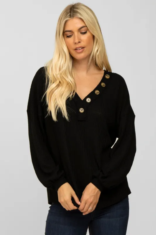 Black Waffle Knit Button Accent Top sold by Pinkblush