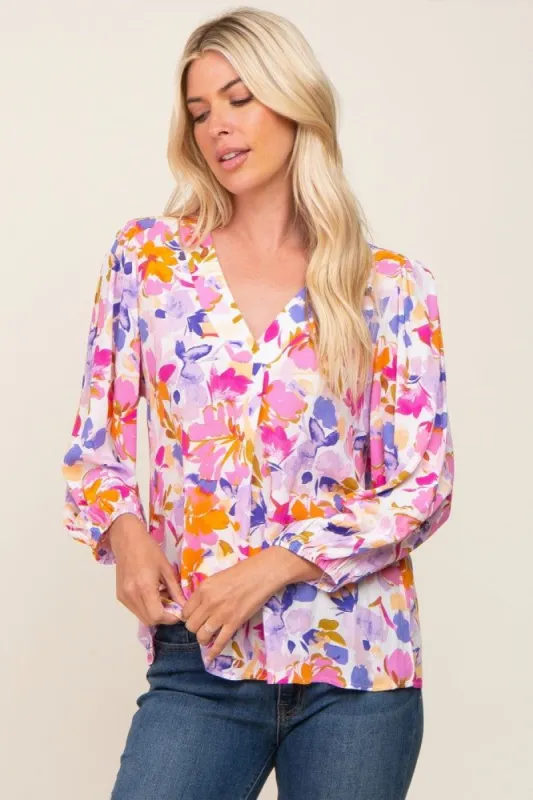 Multi-Colored Floral V-Neck Top sold by Pinkblush