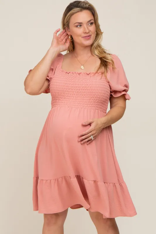 Coral Smocked Ruffle Trim Plus Maternity Dress sold by Pinkblush
