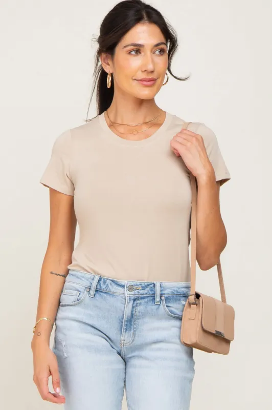 Beige Basic Crew Neck Tee sold by Pinkblush