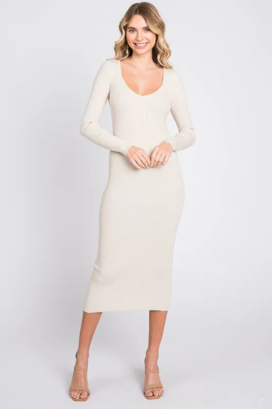 Cream Ribbed Long Sleeve Midi Dress sold by Pinkblush