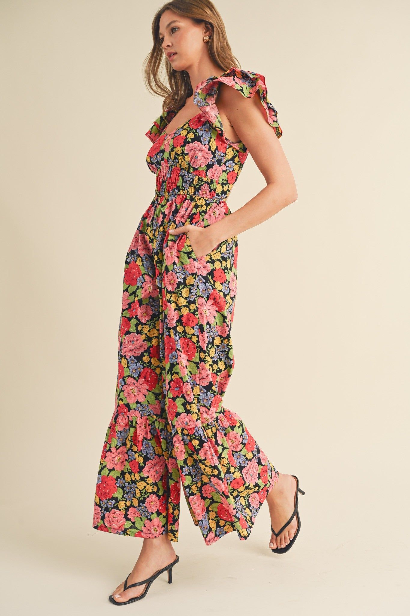 Black Multi Floral Flared Ruffle Hem Floral Jumpsuit sold by Pinkblush product image thumbnail 3