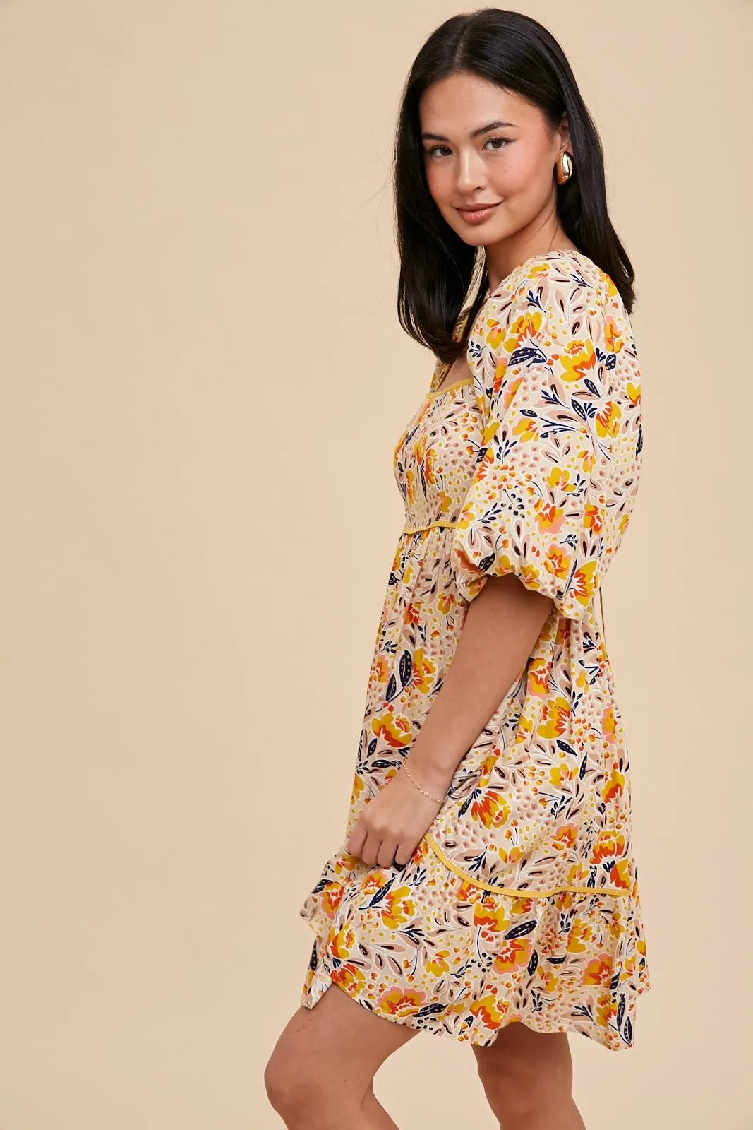 Cream Floral Print Puff Sleeve Dress sold by Pinkblush product image thumbnail 3