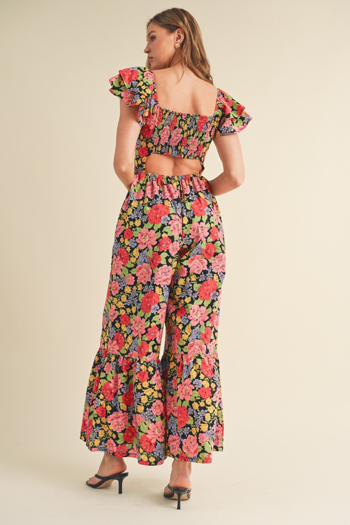 Black Multi Floral Flared Ruffle Hem Floral Jumpsuit sold by Pinkblush product image thumbnail 4