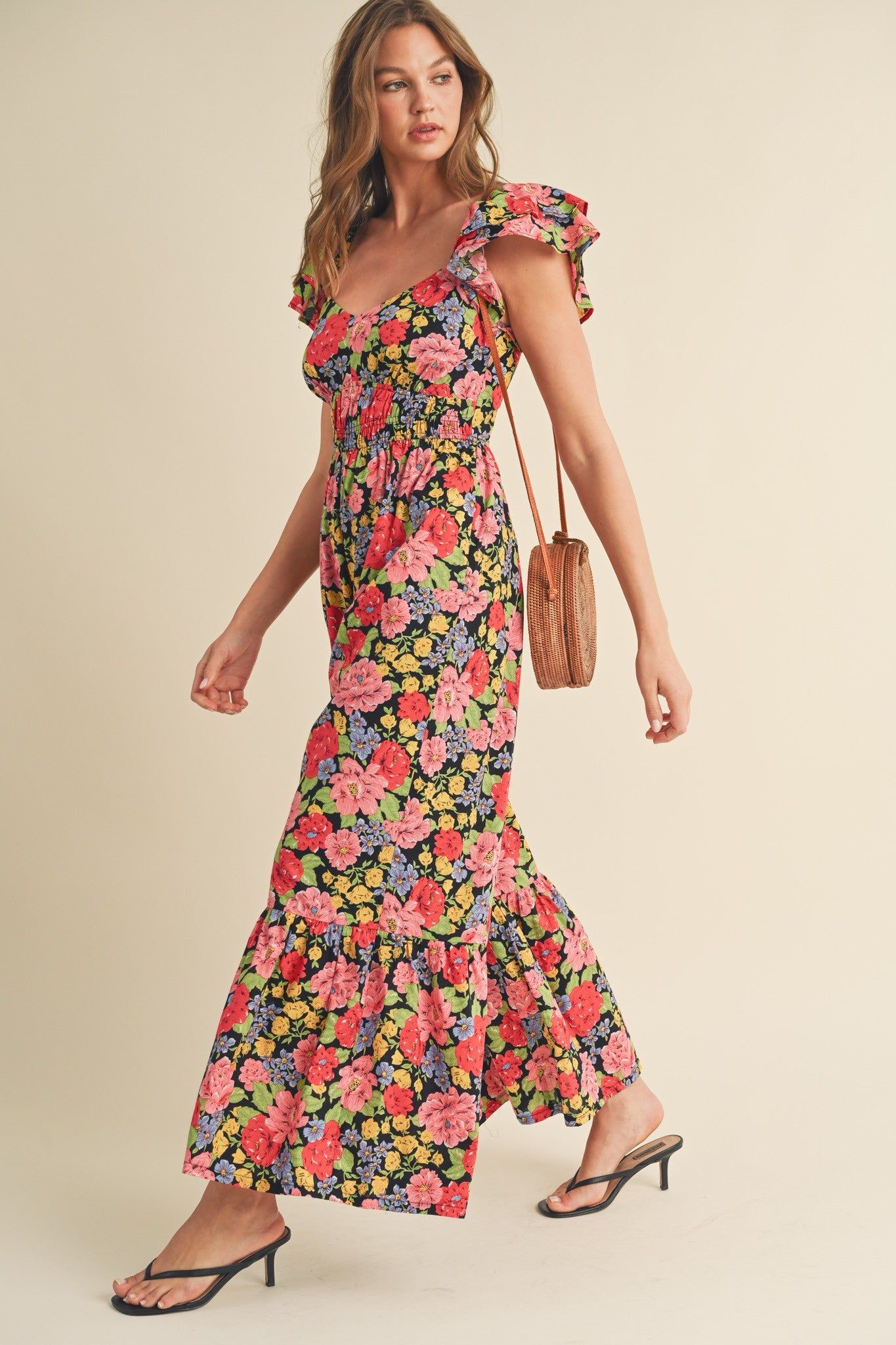 Black Multi Floral Flared Ruffle Hem Floral Jumpsuit sold by Pinkblush