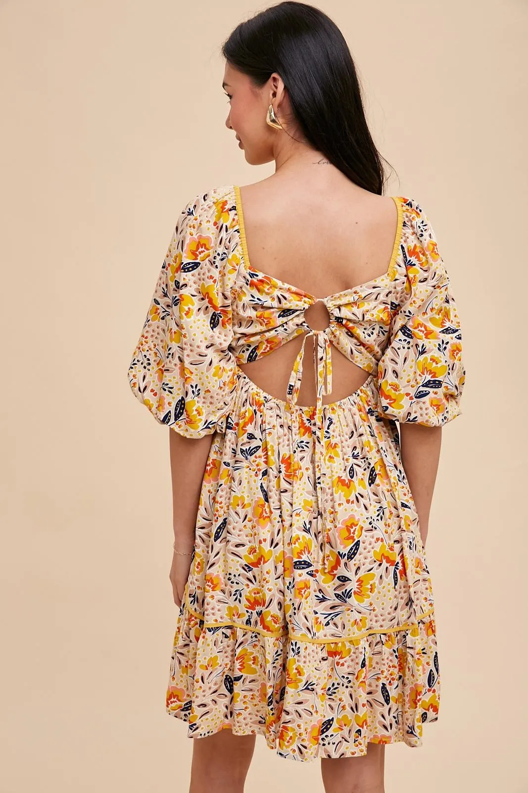 Cream Floral Print Puff Sleeve Dress sold by Pinkblush product image thumbnail 4