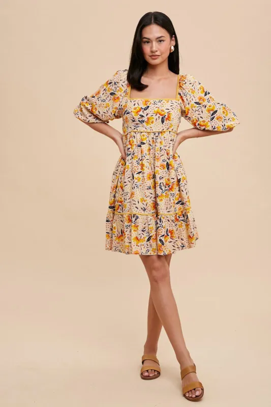 Cream Floral Print Puff Sleeve Dress sold by Pinkblush