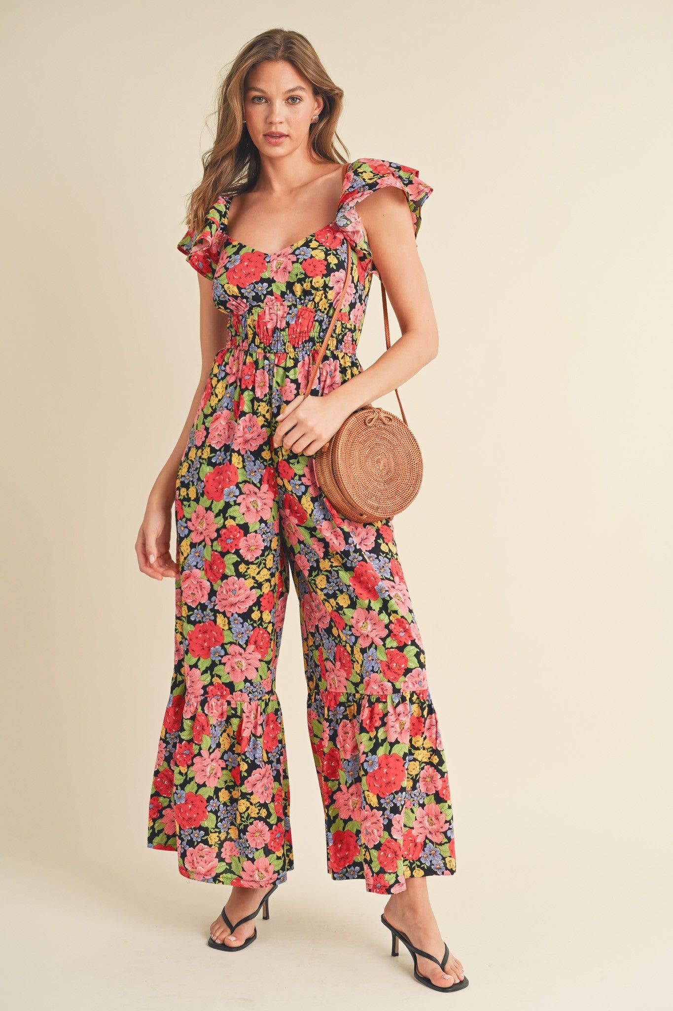 Black Multi Floral Flared Ruffle Hem Floral Jumpsuit sold by Pinkblush product image thumbnail 2