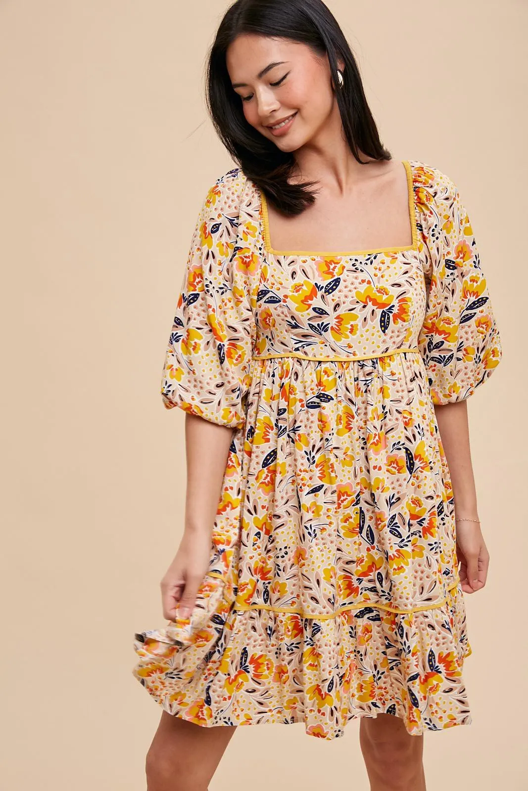Cream Floral Print Puff Sleeve Dress sold by Pinkblush product image thumbnail 2