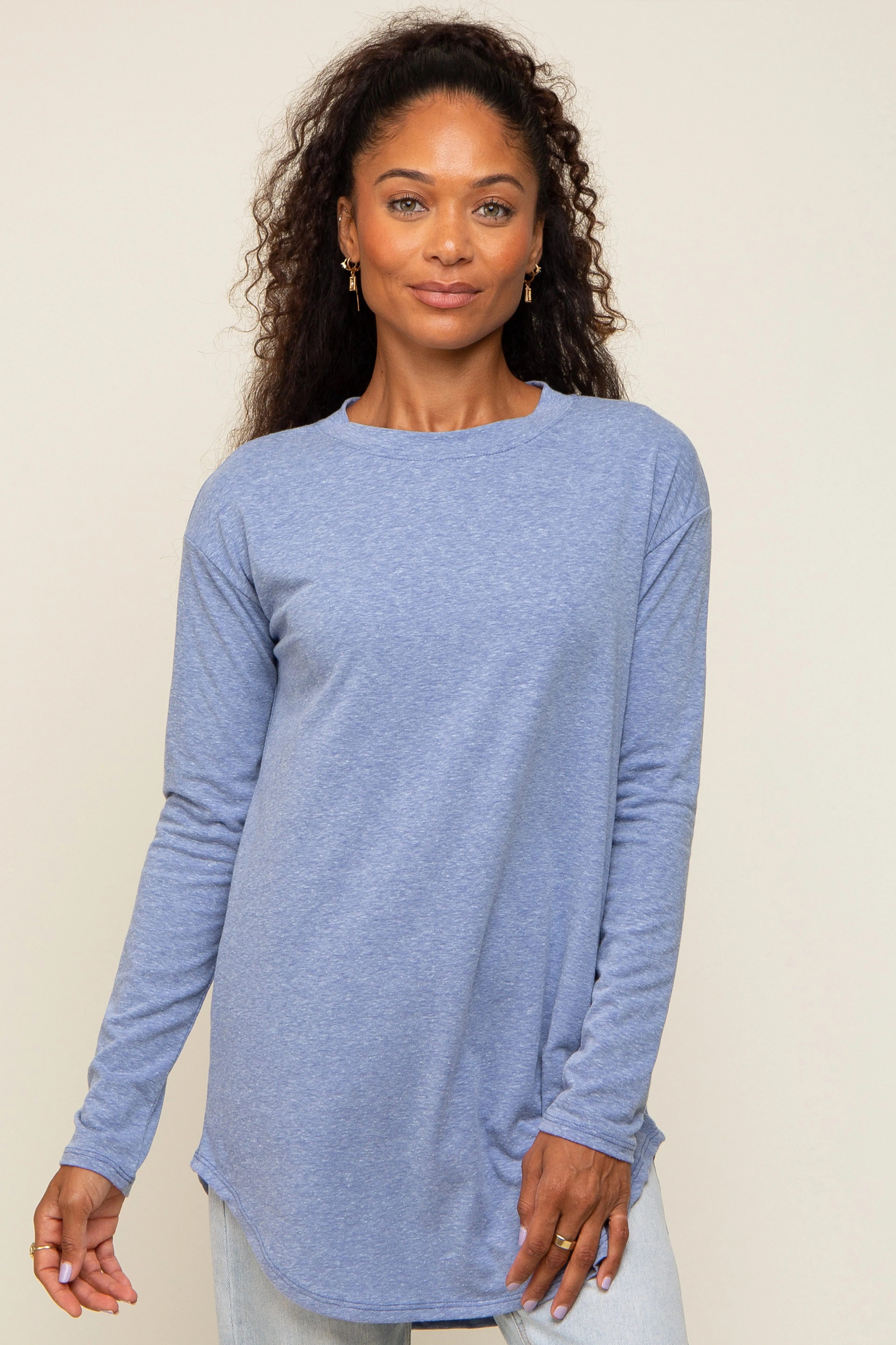 Blue Long Sleeve Curved Hem Top sold by Pinkblush