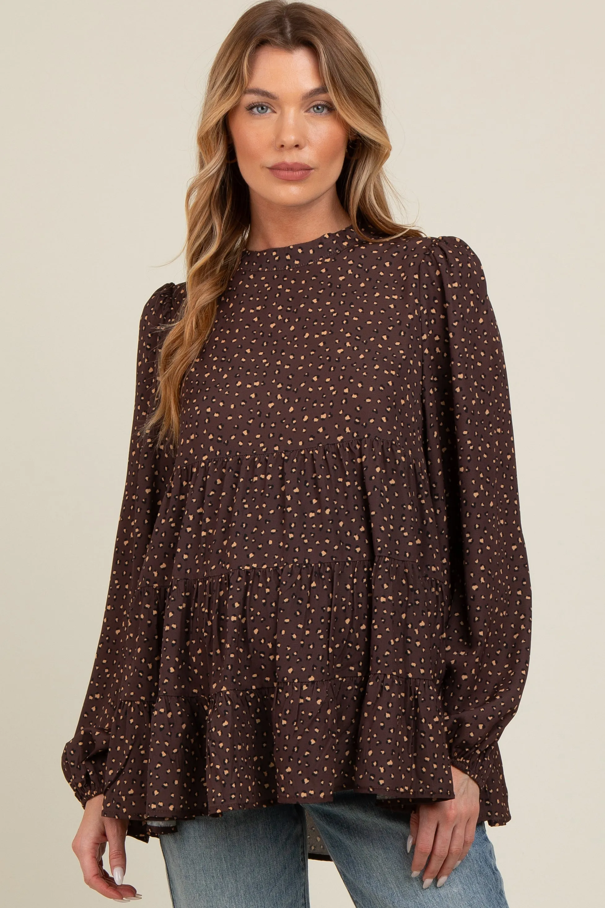 Brown Animal Print Mock Neck Tiered Maternity Top sold by Pinkblush