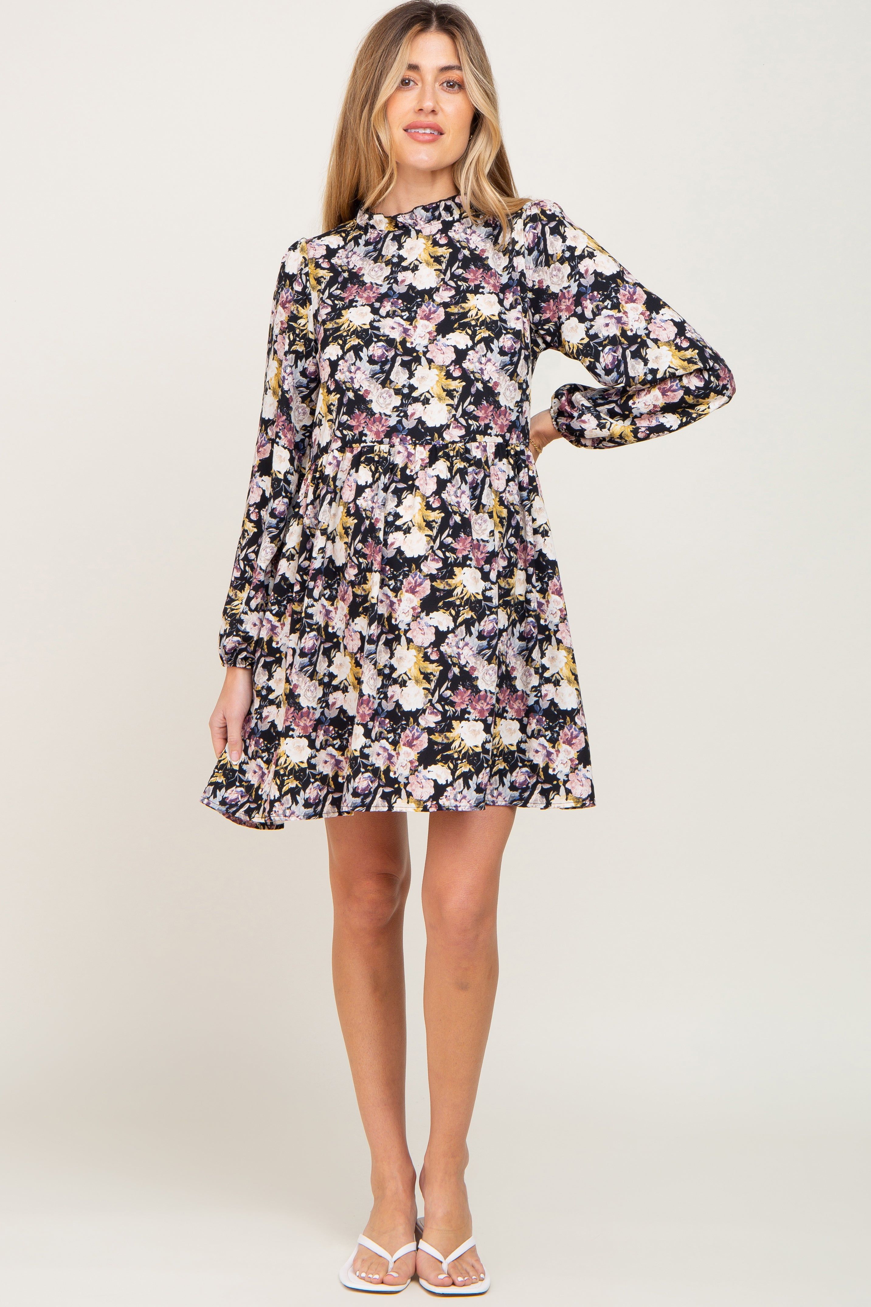 Black Floral Ruffle Mock Neck Maternity Dress sold by Pinkblush