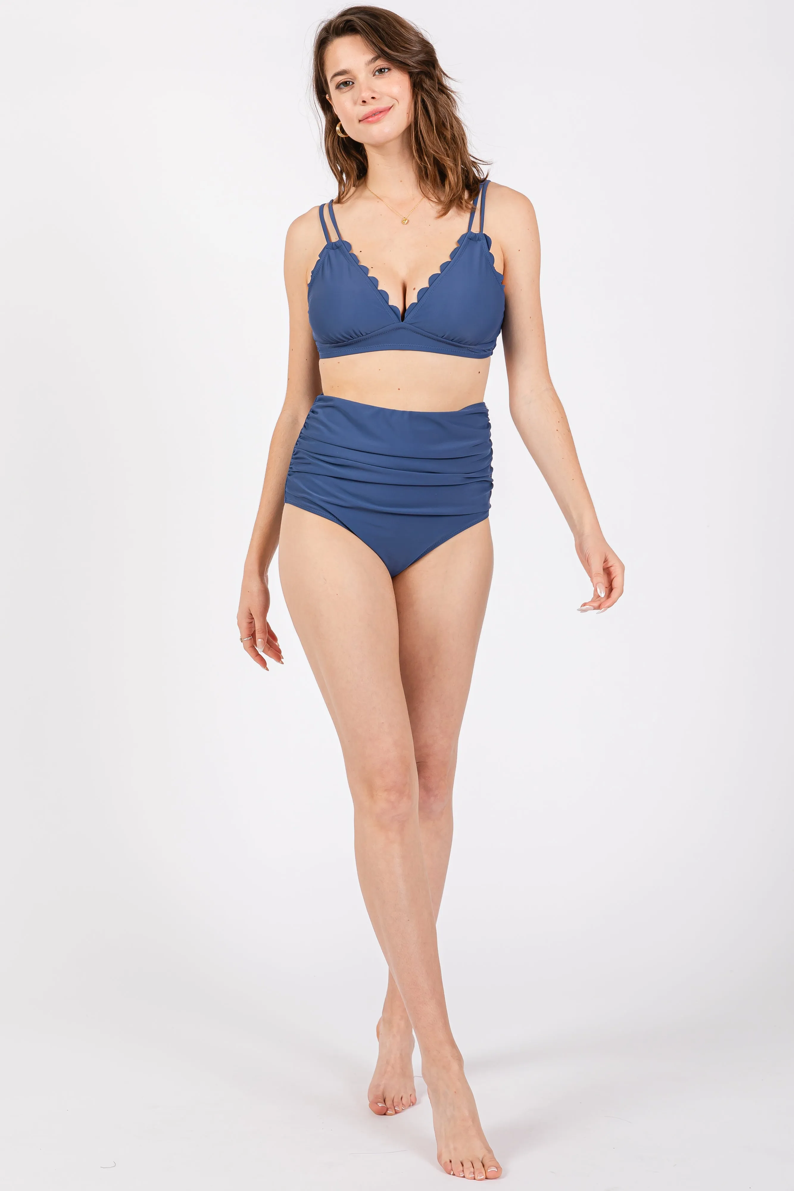 Blue Scalloped V-Neck High Waist Two-Piece Swimsuit sold by Pinkblush product image thumbnail 4