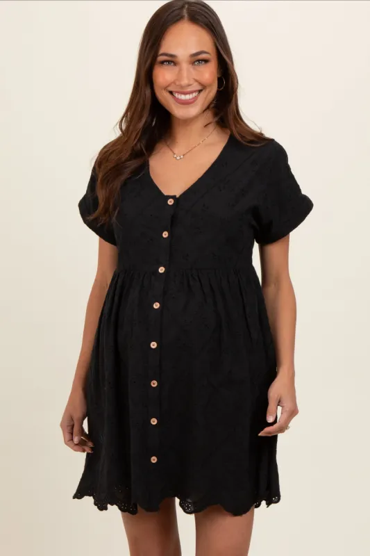 Black Eyelet Button Front Short Sleeve Maternity Dress sold by Pinkblush