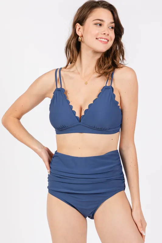 Blue Scalloped V-Neck High Waist Two-Piece Swimsuit sold by Pinkblush