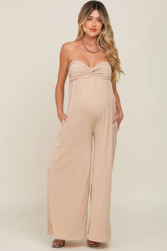 Taupe Strapless Front Twist Maternity Jumpsuit sold by Pinkblush