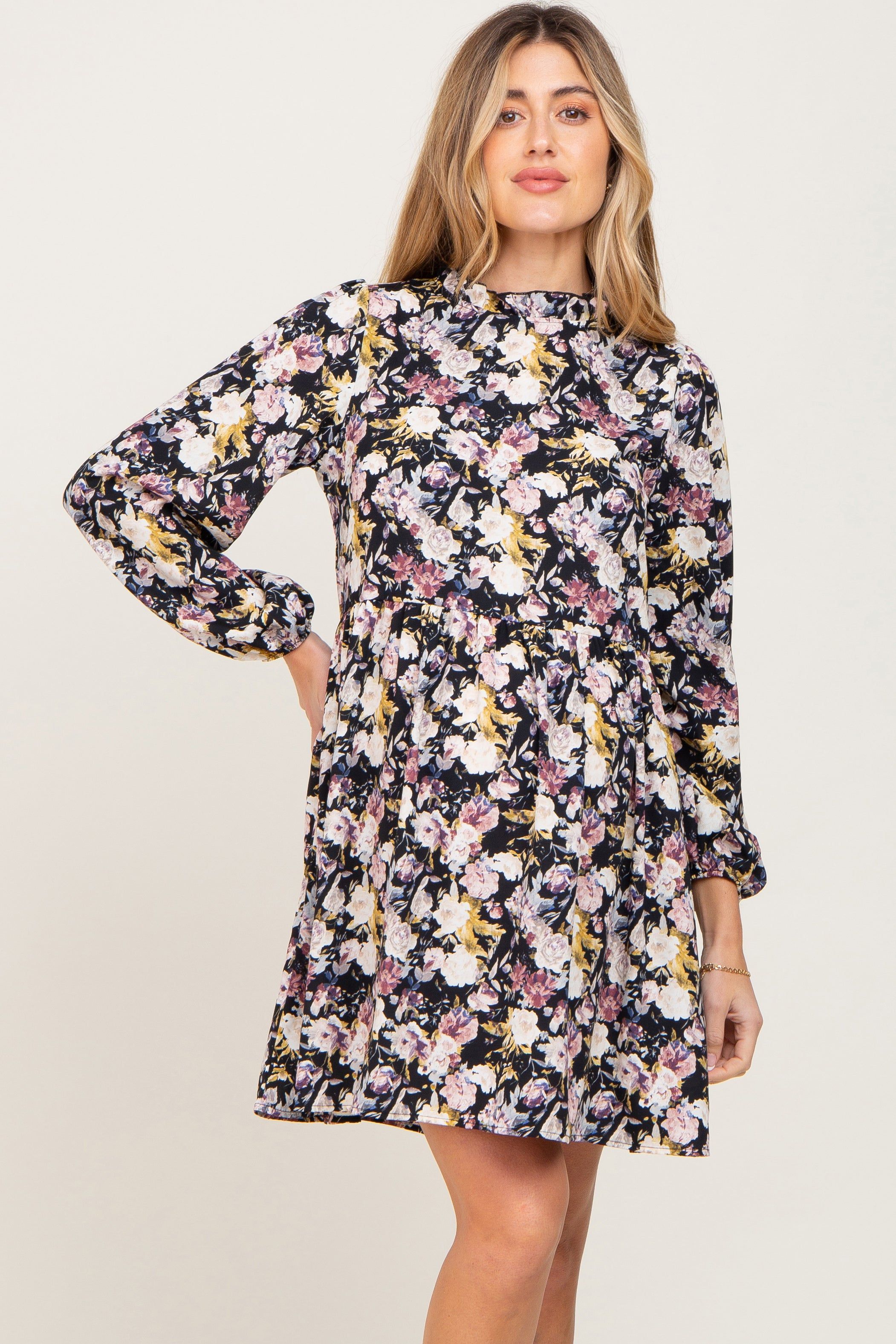 Black Floral Ruffle Mock Neck Maternity Dress sold by Pinkblush product image thumbnail 2