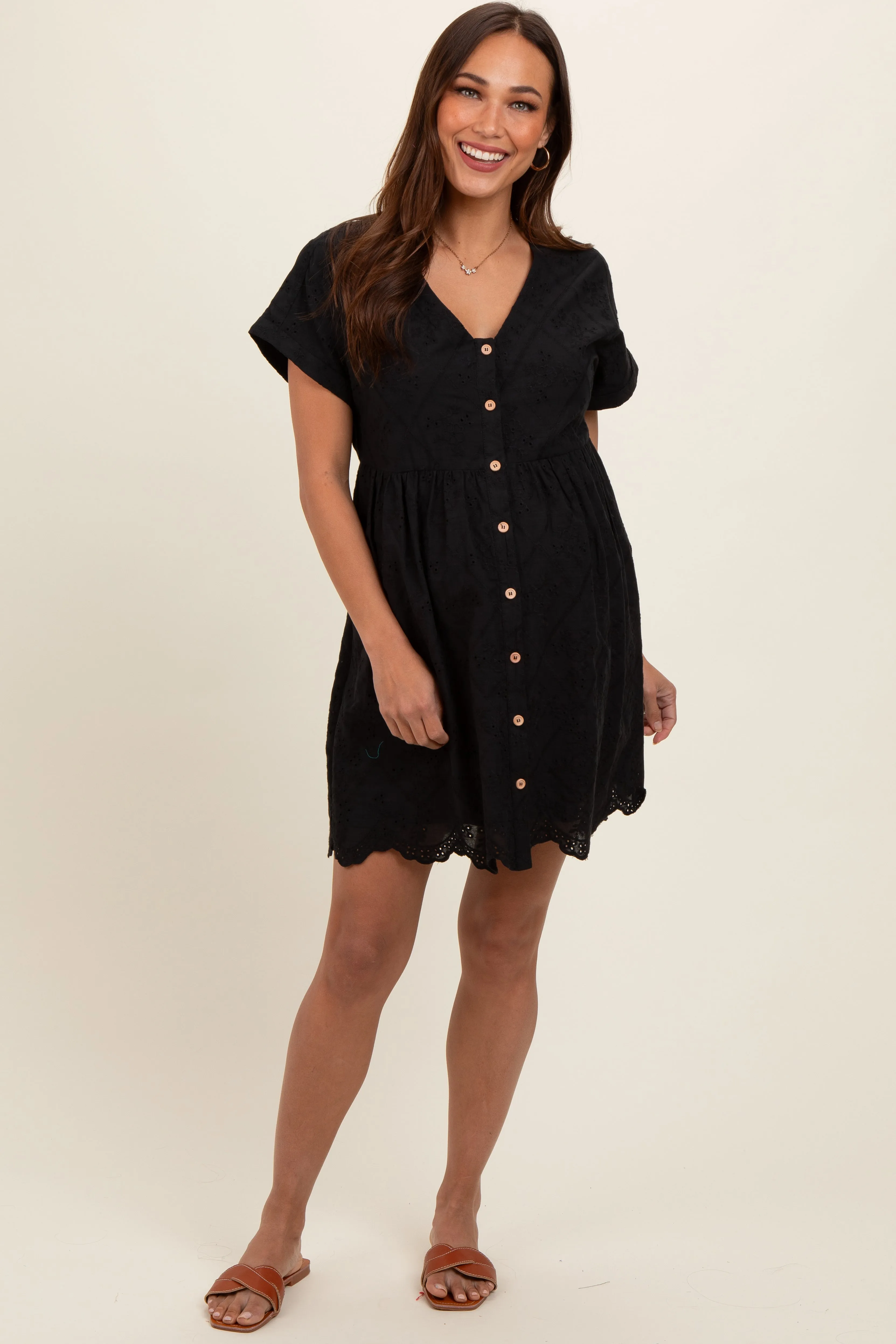 Black Eyelet Button Front Short Sleeve Maternity Dress sold by Pinkblush product image thumbnail 2