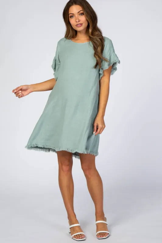 Mint Green Frayed Trim Back Keyhole Linen Maternity Dress sold by Pinkblush