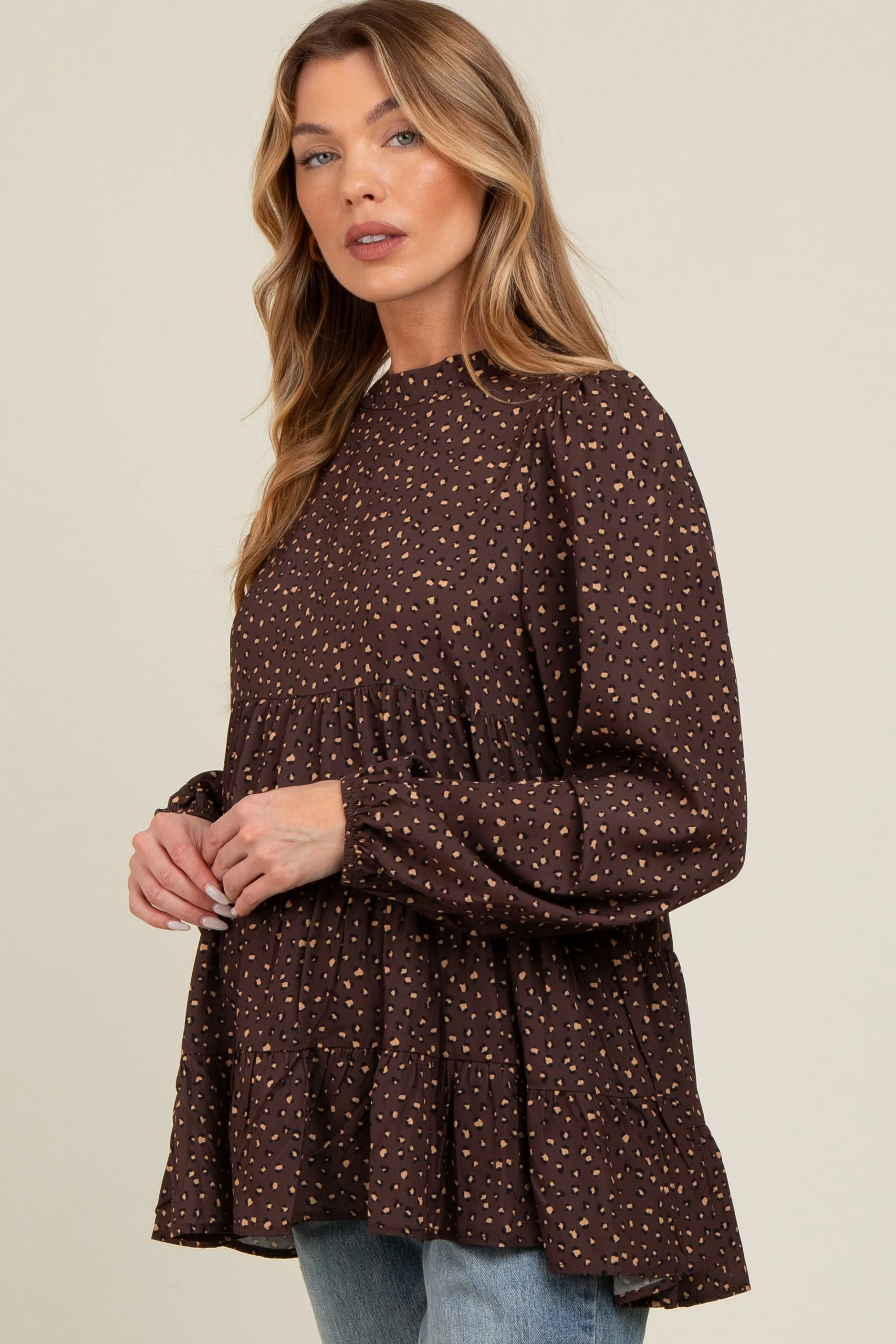 Brown Animal Print Mock Neck Tiered Maternity Top sold by Pinkblush product image thumbnail 3