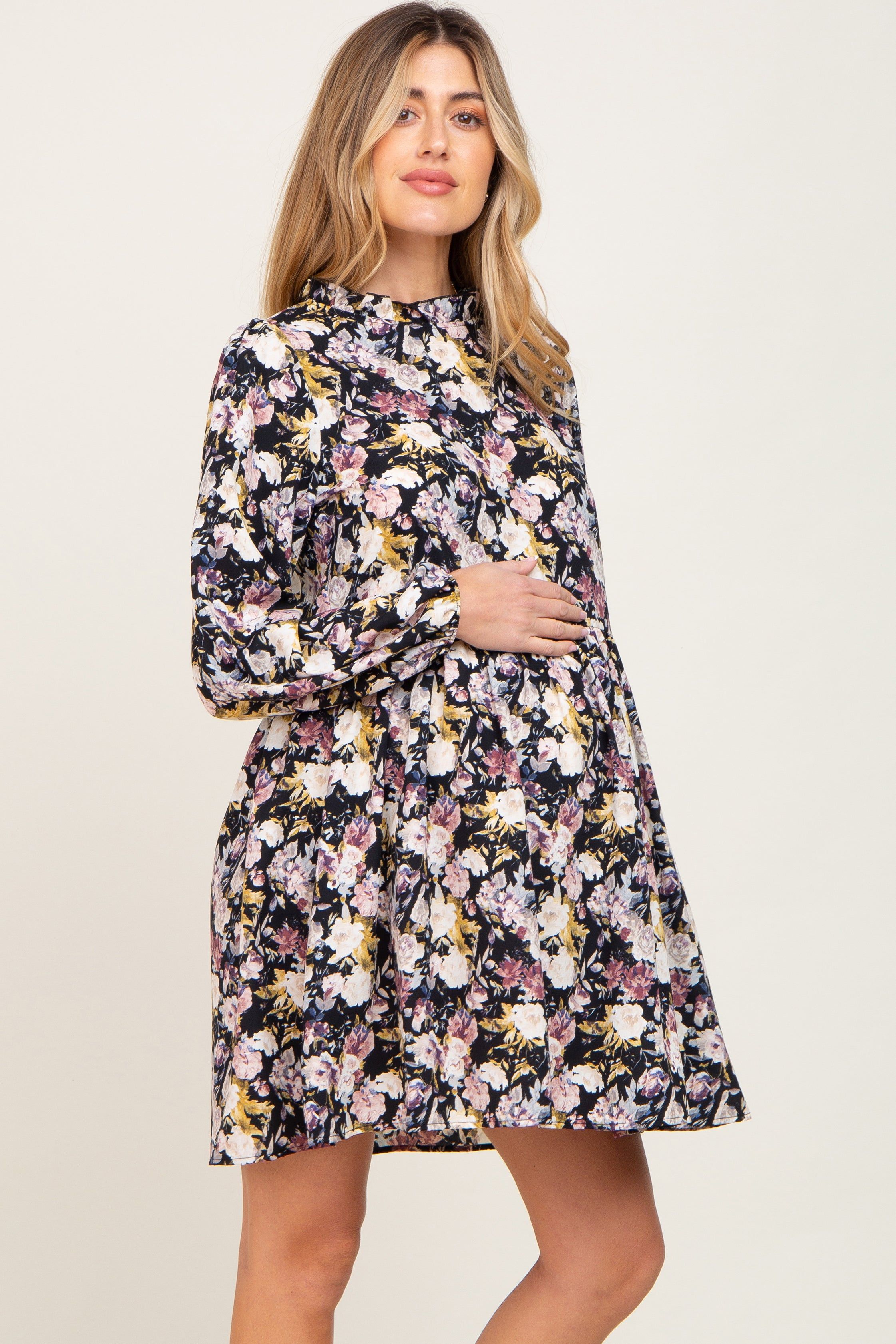 Black Floral Ruffle Mock Neck Maternity Dress sold by Pinkblush product image thumbnail 3