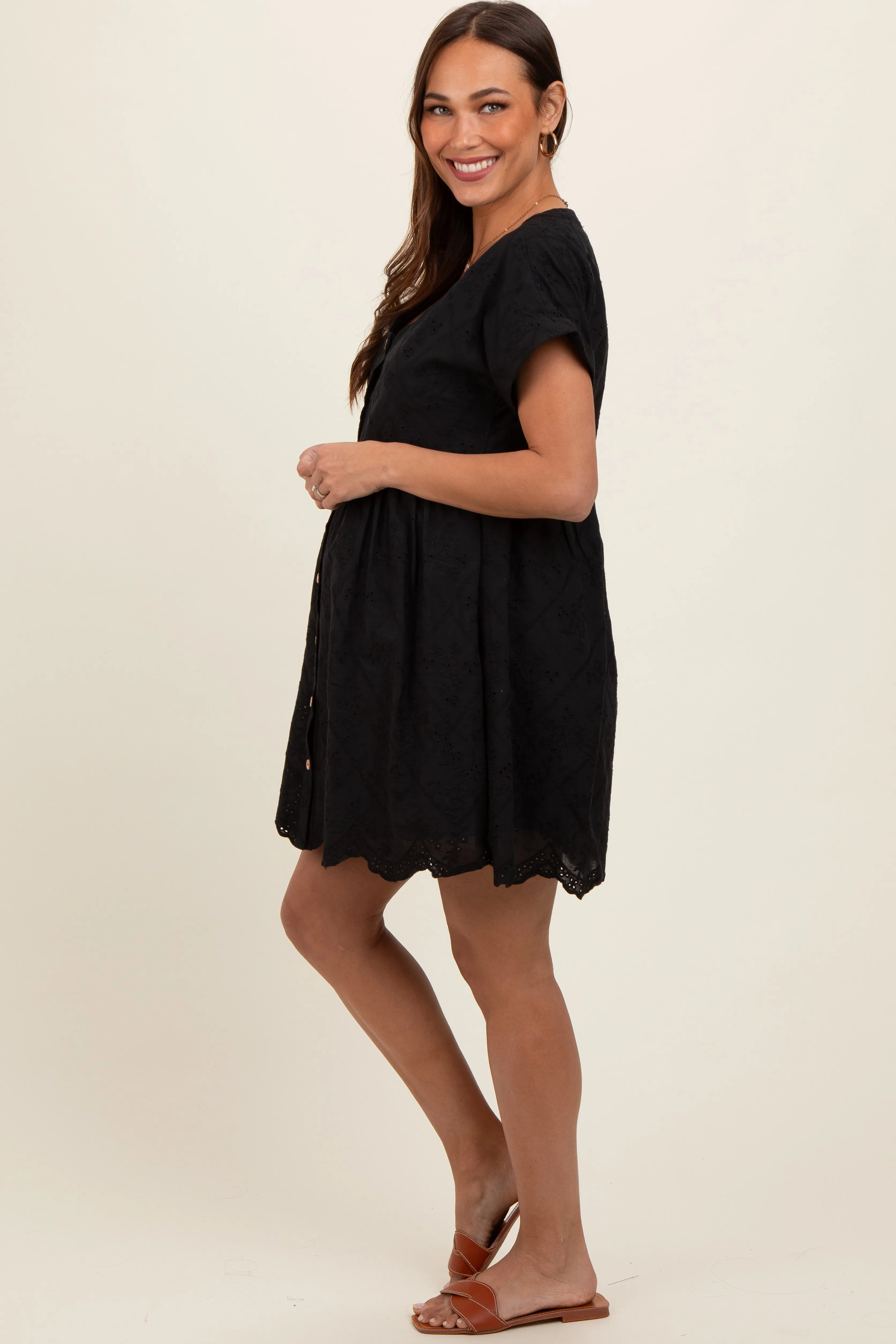 Black Eyelet Button Front Short Sleeve Maternity Dress sold by Pinkblush product image thumbnail 3