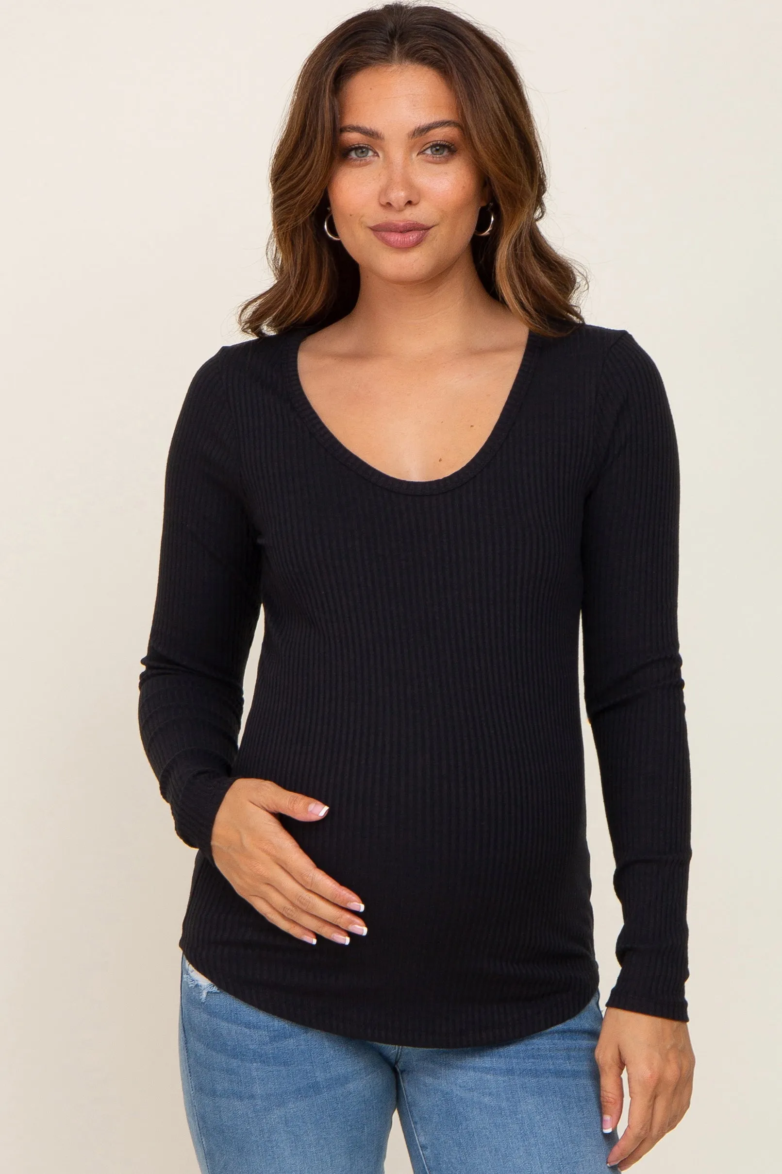 Black Ribbed Scoop Neck Long Sleeve Maternity Top sold by Pinkblush